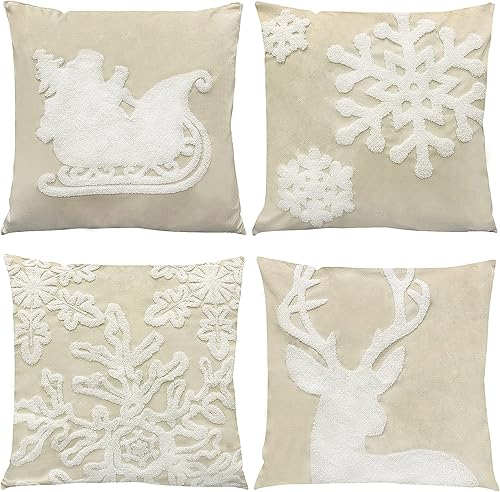WOMHOPE Juego de 4 fundas de almohada navideñas de terciopelo con bordado vintage, para decoración de sofá, sillón, cama, Papá Noel, ciervo, copo de