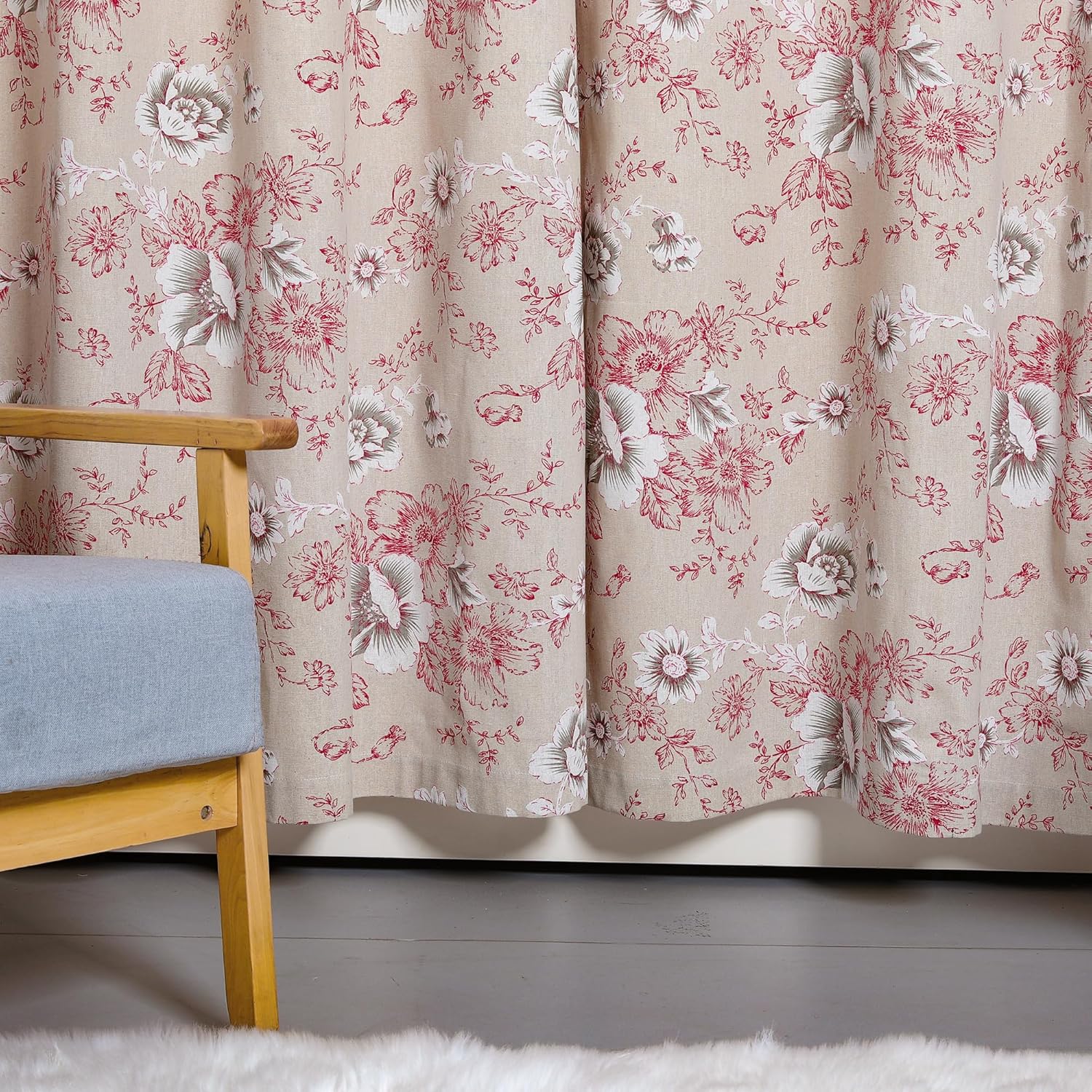 Red Floral Print Linen Curtains Vintage Flower Window Treatment Curtain Light Filtering Farmhouse Grommet Window Drapes for Living Room Bedroom, 2 Panels, 52 x 84 Inch