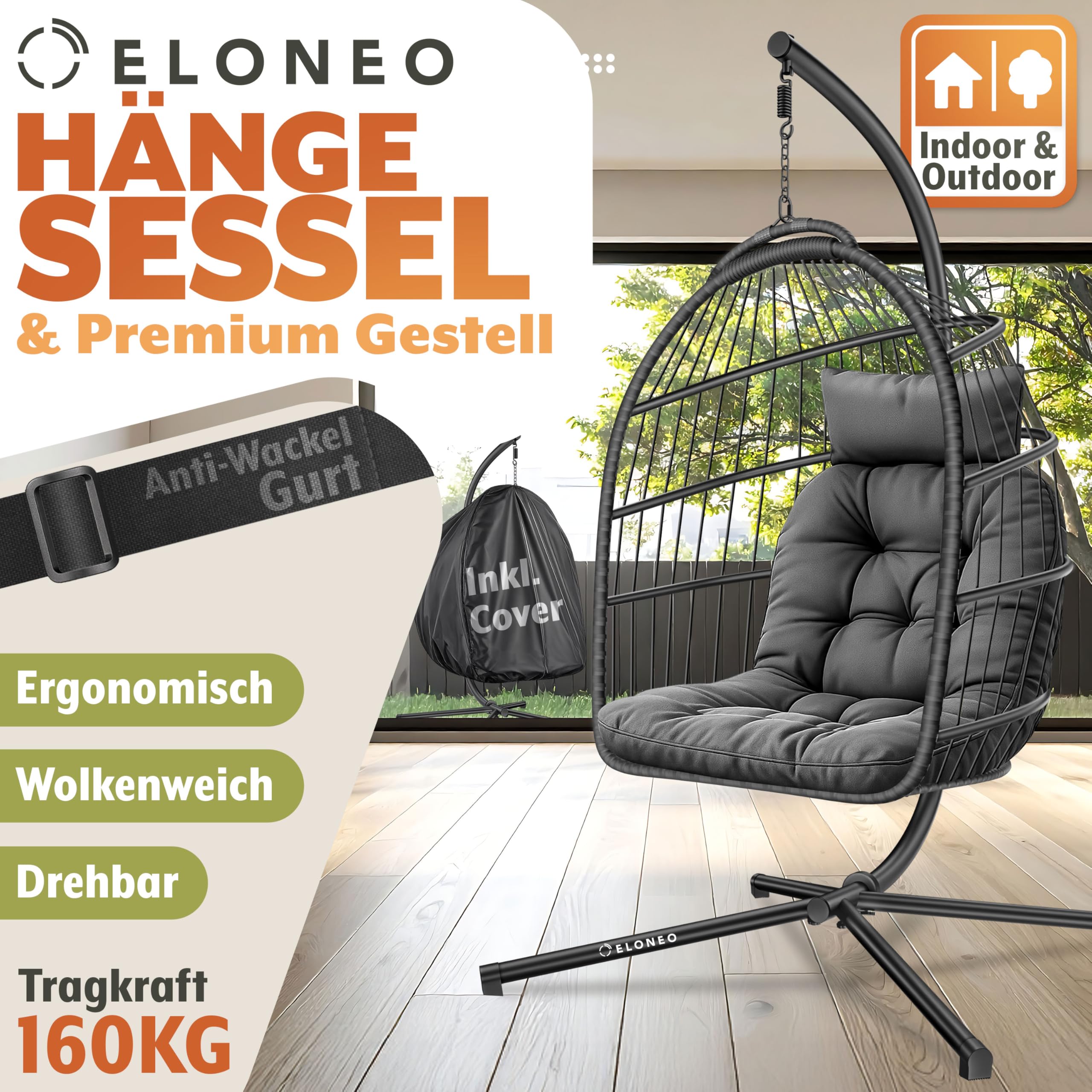 ELONEO Hängesessel mit Gestell und Premium Polster, Hängesessel Outdoor und Indoor inkl. Abdeckplane, Hängeschaukel Outdoor belastbar bis 160kg, Hanging Chair, anthrazit