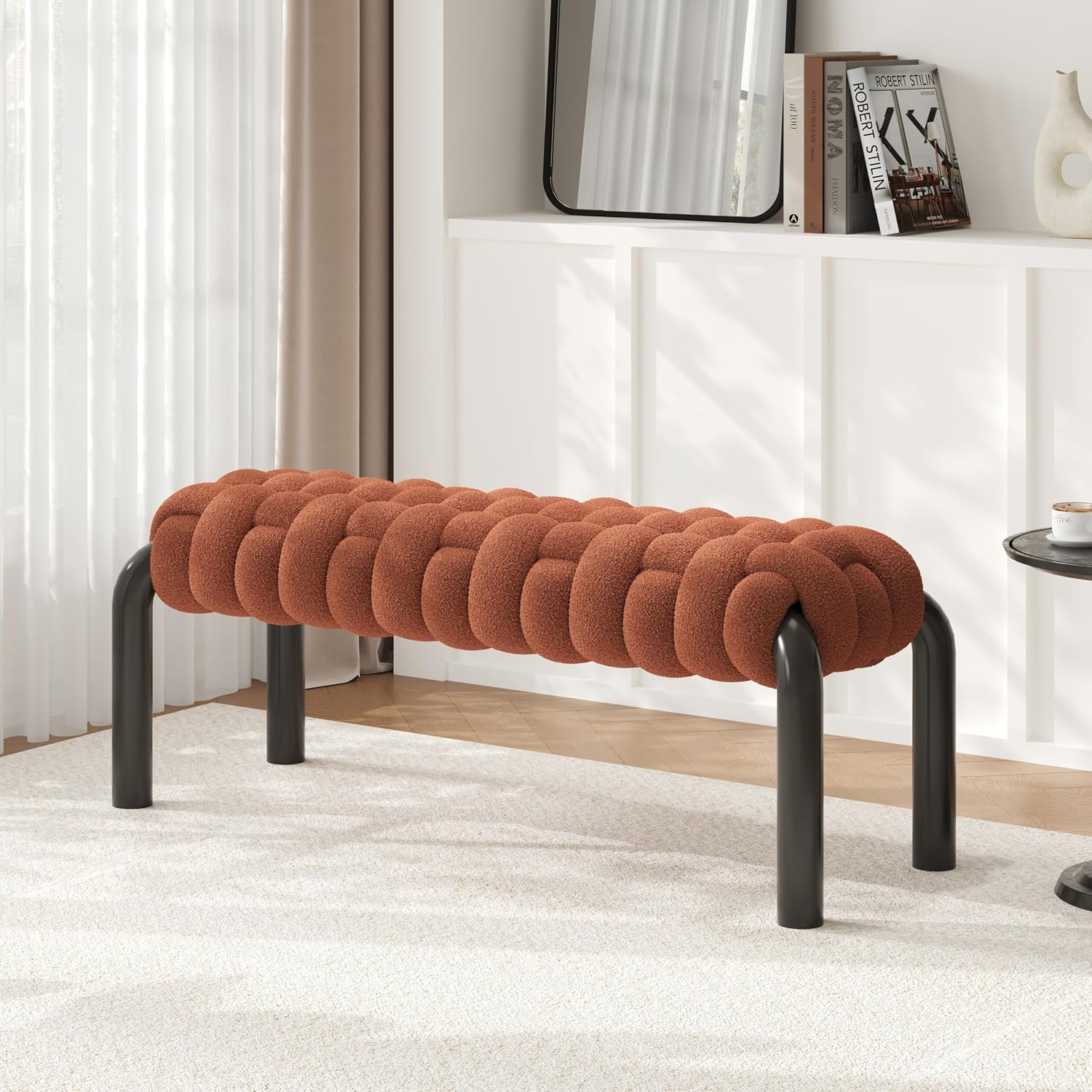 Christopher Knight Home Roach 41" Modern Teddy Braided Upholstered Entryway Bench, Ottoman Bench with Curved Metal Legs, Long Footstool for Living Room Dining Room, End of Bed Ottoman, Brown
