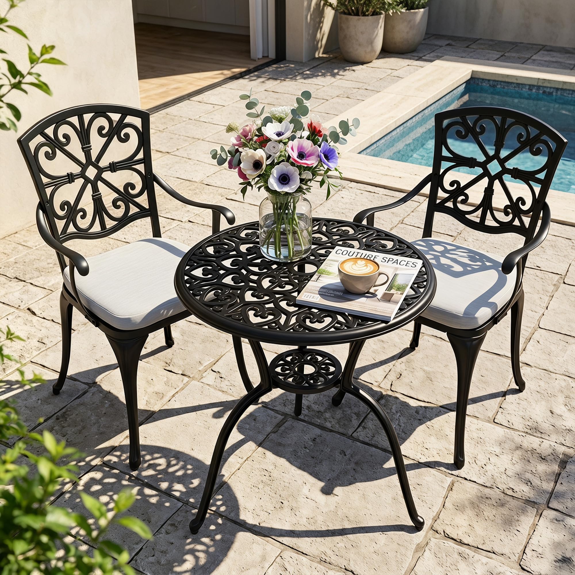 NUU GARDEN 3-Piece Cast Aluminum Patio Bistro Set, Black