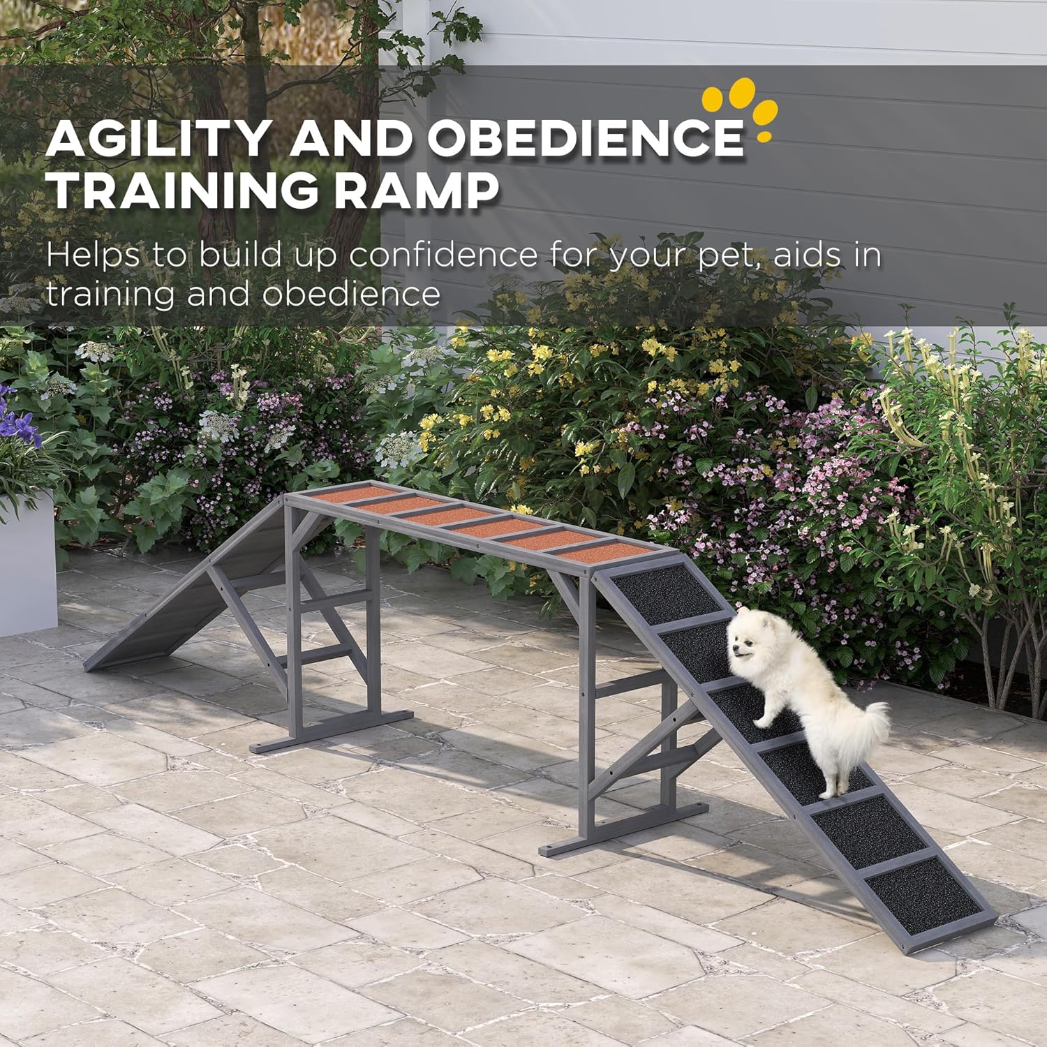PawHut Wooden Dog Agility Equipment with Safety Bar, Non-Slip Surface, Dog Playground Ramp, Pet Obstacle Course for Backyard, Park, Walk and Pause Training, Gray