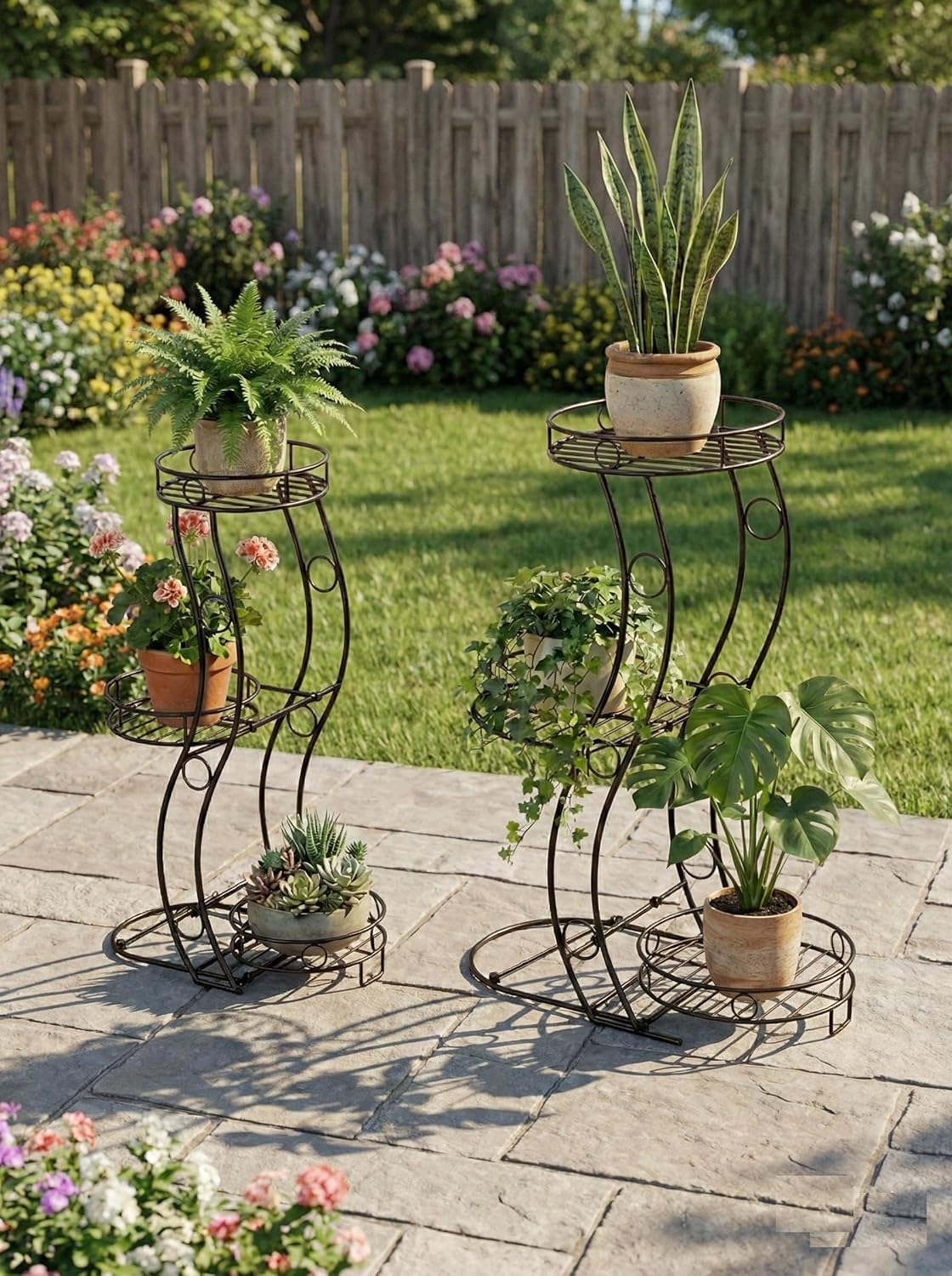 2-Pack Metal Plant Stand Set (Large & Small) - No Assembly Required - 3 Tier Corner Plant Shelf for Indoor Outdoor - 26" & 23.4" H Wrought Iron Flower Pot Holder Display Rack, Rustproof Black