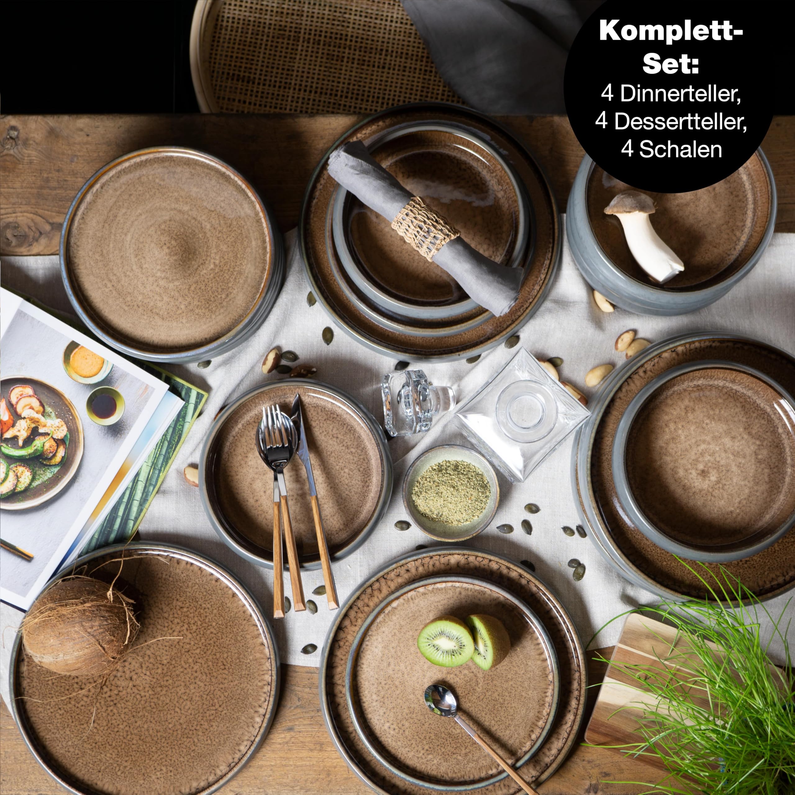 Moritz & Moritz SOLID Steinzeug Geschirrset 4 Personen, 12-tlg. Geschirr Set in Beige, Schüssel- und Teller Set aus besonders robustem Steinzeug, Kombiservice Tafelservice 4 Personen