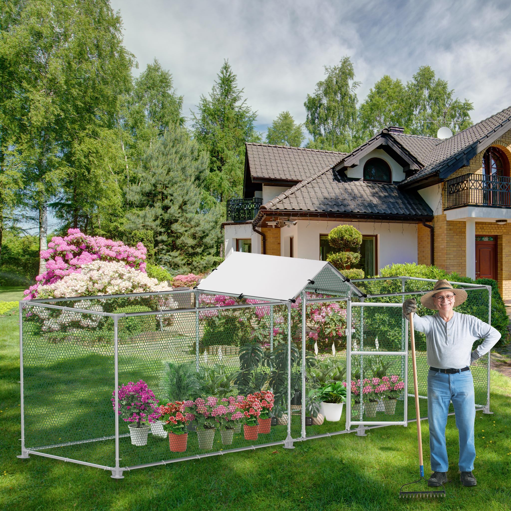 LZQ Hühnerstall 5x1x1,5 m Freilaufgehege, Winterfestes Hühnerhaus mit Verzinktem Stahlrahmen, Sonnenschutz-Dach, Tür & Riegel, Outdoor Chicken Run für Hühner, Enten, Kaninchen & Kleintiere