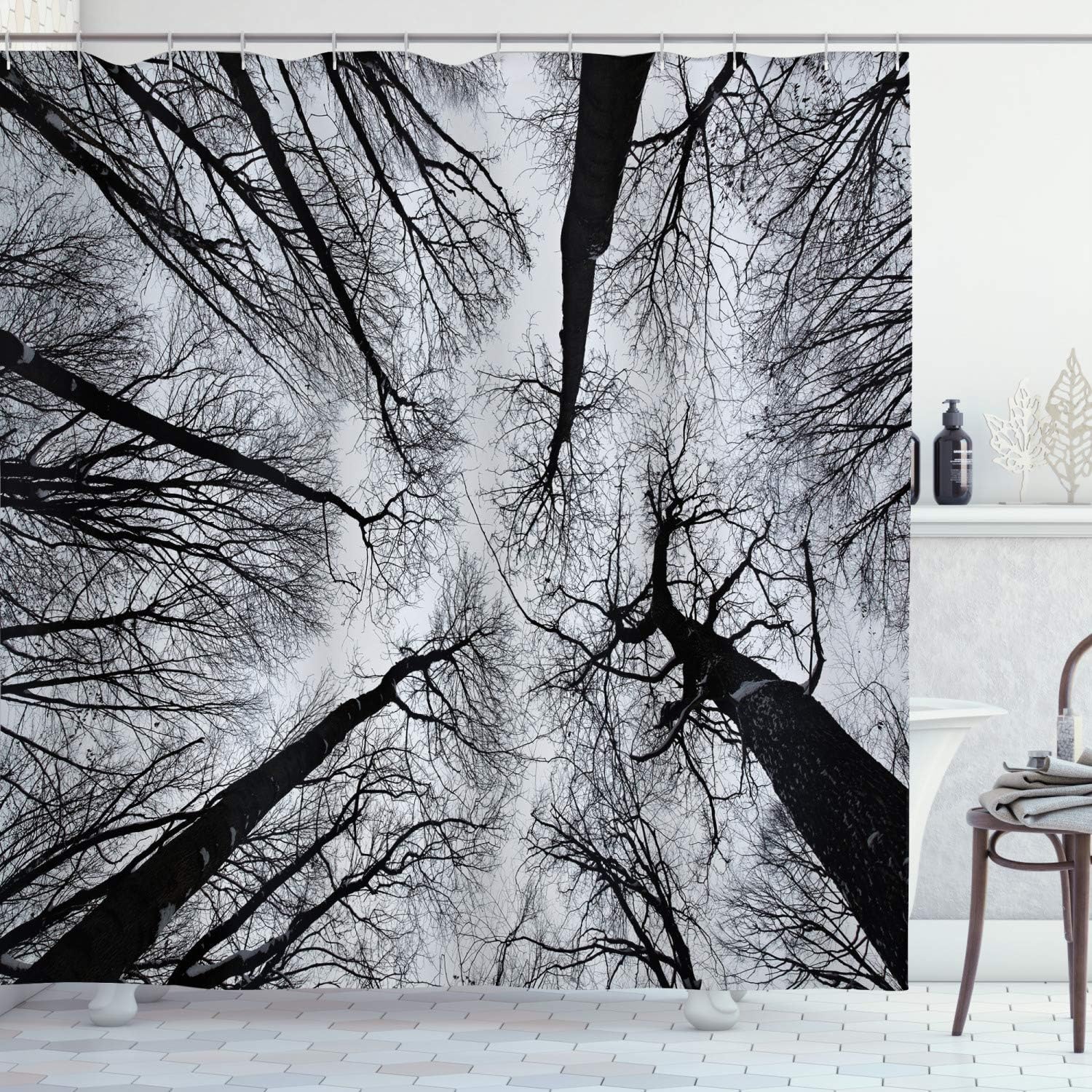Ambesonne Forest Shower Curtain, Scary Winter Tops of The Trees Dark Dramatic Silhouettes Enchanted Nature Image, Cloth Fabric Bathroom Decor Set with Hooks, 69" W x 75" L, Grey Black