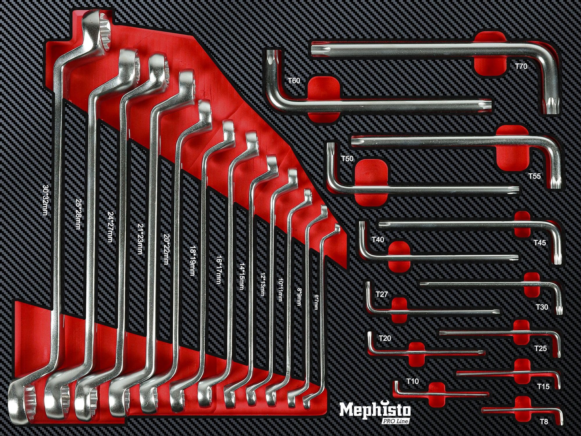 Mephisto Set di attrezzi per carrello da officina Pro Line con chiave a esagono incassato, set di chiavi ad anello, Soft Inlay in effetto carbonio metrico