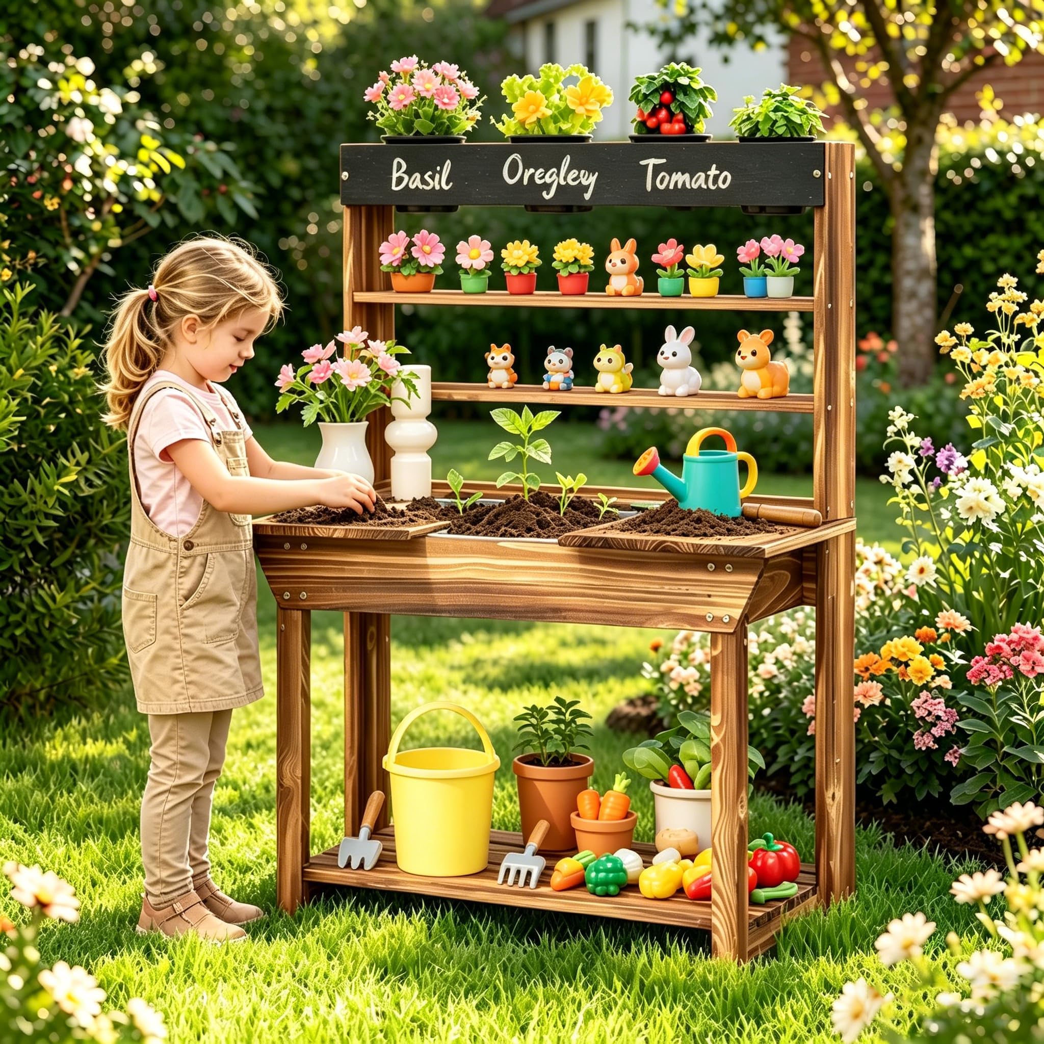 Costzon Kids Potting Bench, Wood Toy Gardening Center with 4 Pots, Chalkboard, Removable Sink, Storage Shelves, Mud Kitchen for Kids Outdoor Play Kitchen, Gift for Boys Girls 3+