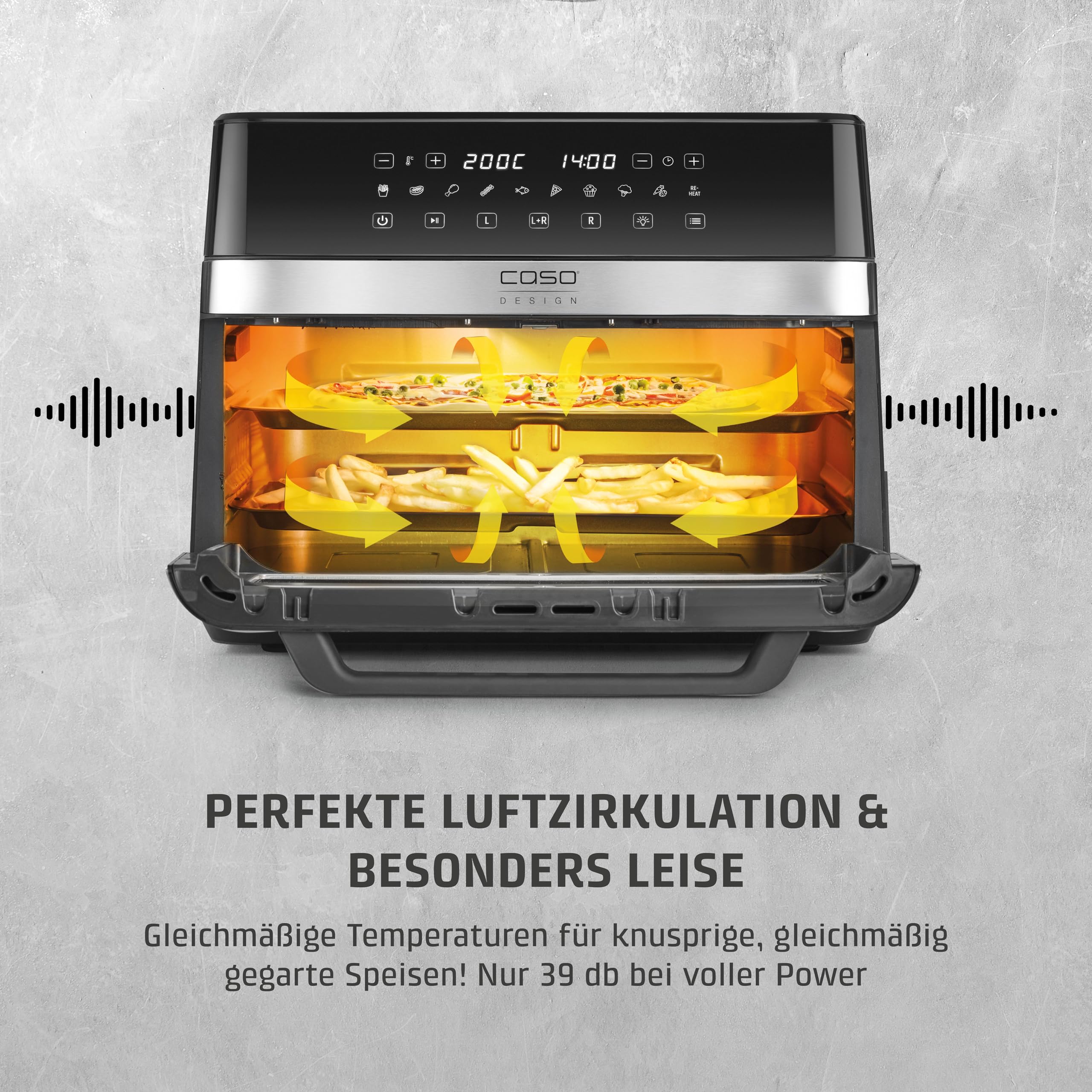 CASO AirFry DuoChef -Heißluftfritteuse mit 2 Kammern, 14L Volumen, nahezu fettfrei, 10 Programme, 50-200°C, Timer, LED-Anzeige, Sichtfenster, SHAKE-Reminder, spülmaschinengeeignet