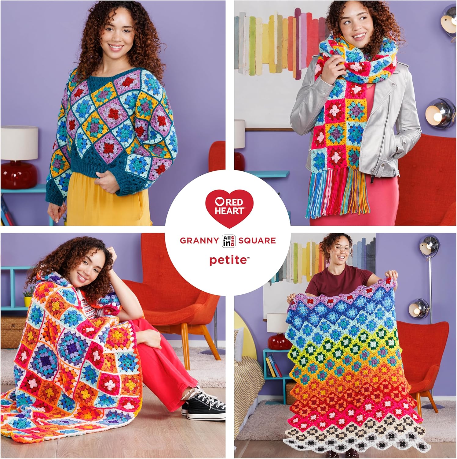 Red Heart All in One Granny Square Petite Pep Talk Yarn - 3 Pack of 250g/8.8oz - 100% Acrylic - #4 Worsted (Medium) - 440 Yards - Knitting/Crochet
