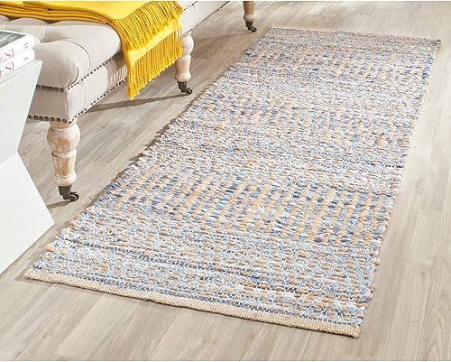 SAFAVIEH Cape Cod Collection - Alfombra de pasillo, 2 pies 3 pulgadas x 14 pies, natural y azul, hecha a mano, tejido plano costero trenzado, ideal