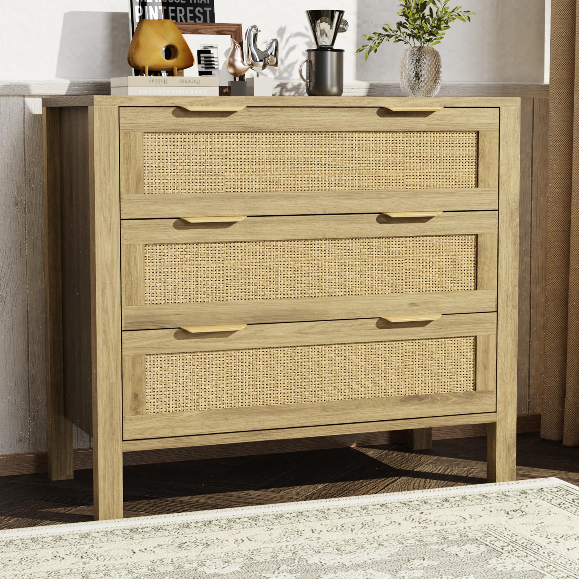 KIGOTY 3 Drawers Rattan Dresser for Bedroom, Wooden Dressers, Boho Rattan Dressers & Chests of Drawers, Night Stand with Golden Handles, Storage