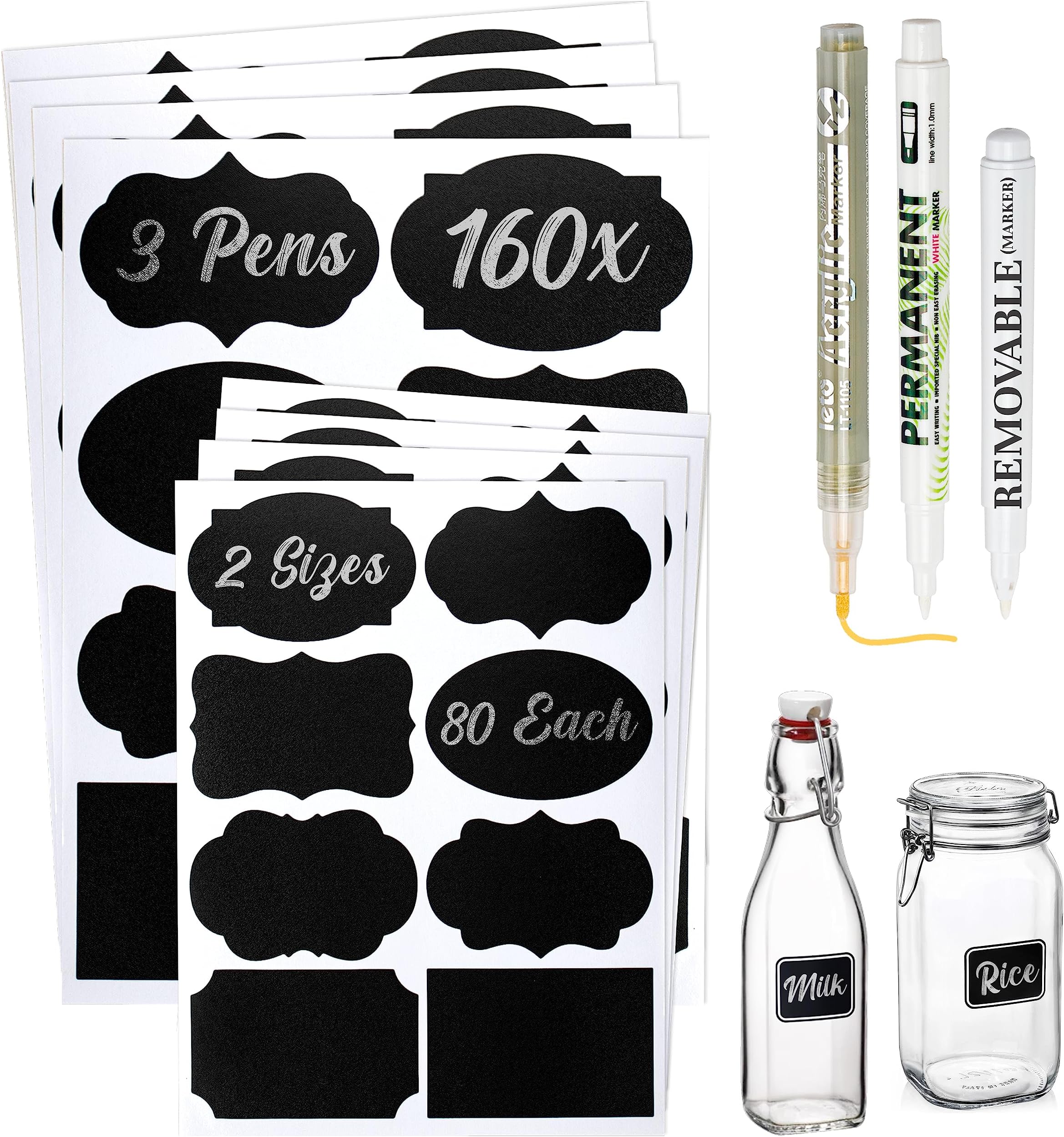 Reusable Self-Adhesive Jar Labels – 163-Piece Chalkboard Sticker Set with 3 P...