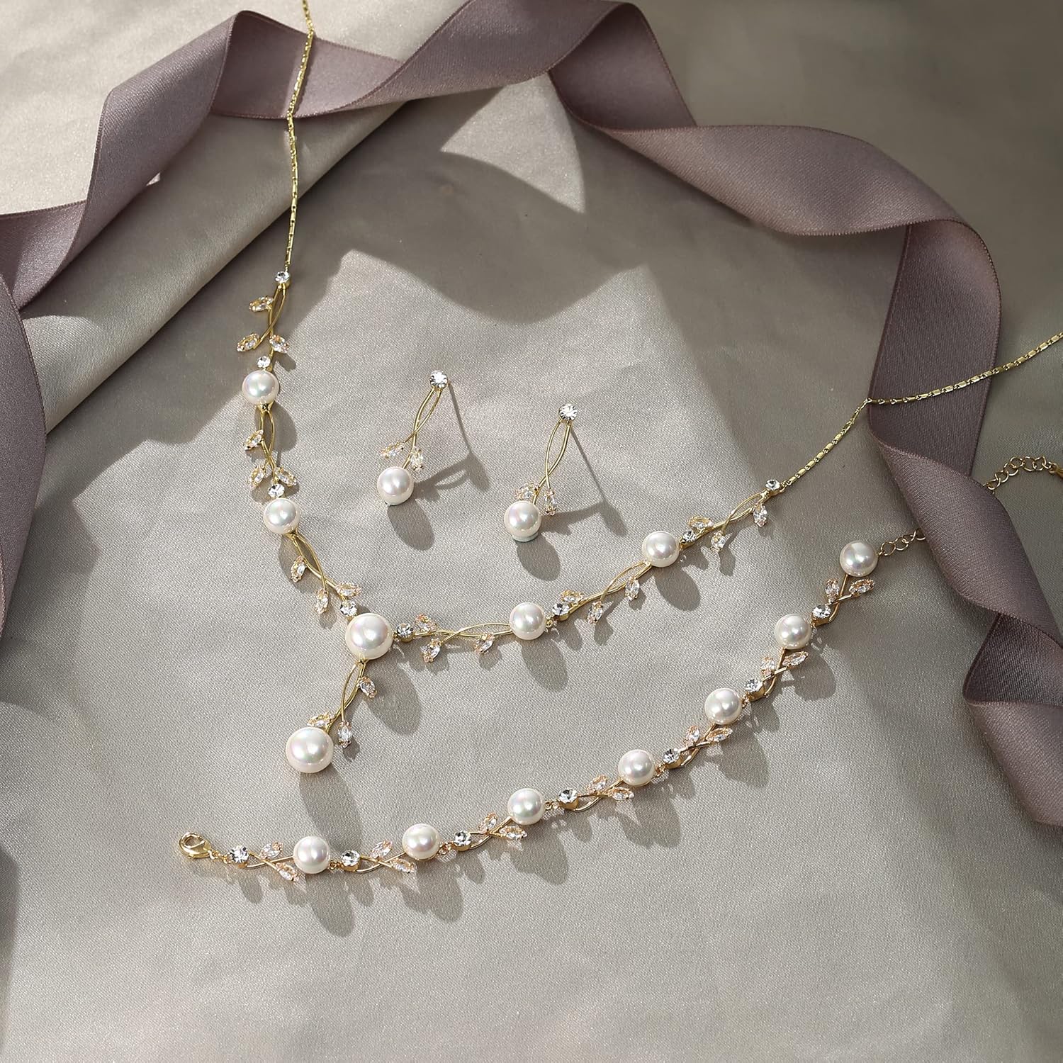 EVER FAITH Wedding Pearl Jewelry for Bride CZ Crystal Simulated Pearls Floral Vine Filigree Bridal Necklace Earrings Set - Image 4