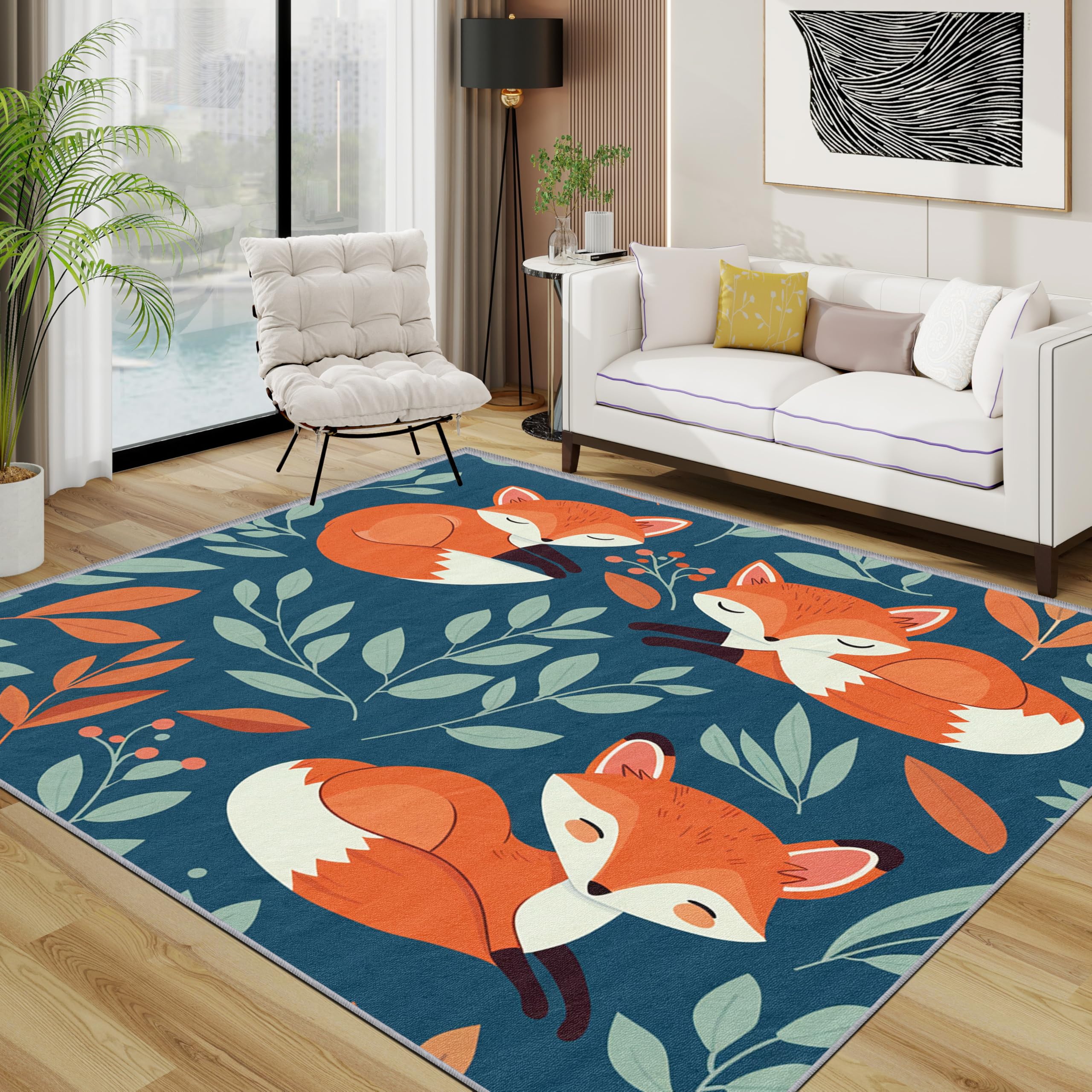 Fox Rugs Living Room Large 140x200 - Forest Woodland Animal Bedroom Rug, Cartoon Wildlife Cute Washable Non Slip Low Pile Carpet, Fox House Decor