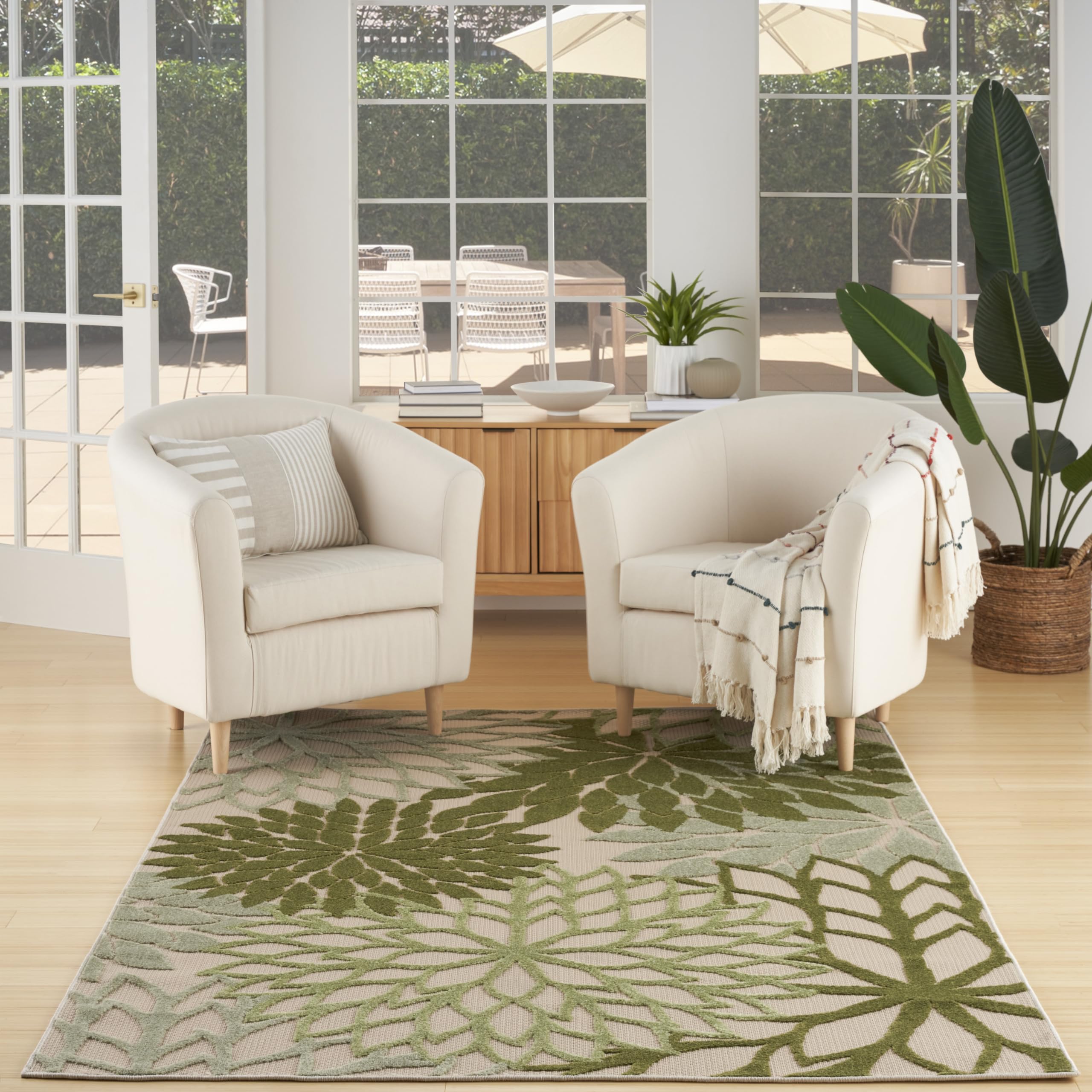 Nourison Aloha Tropical Indoor/Outdoor Ivory Green 5'3" x 7'5" Area Rug, Easy Cleaning, Non Shedding, Bed Room, Living Room, Dining Room, Backyard, Deck, Patio (5x7)