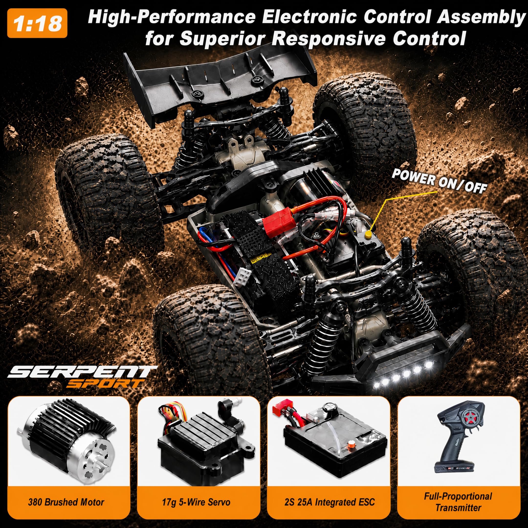 Serpent 1/18 4WD Offroad-Truck,Hochgeschwindigkeits-RC-Auto bis 40 km/h | 1:18 Allgelände-RC-Fahrzeug mit 2,4-GHz-Fernsteuerung, wasserdichter 4x4 Offroad-Truck mit 2 wiederaufladbaren Akkus
