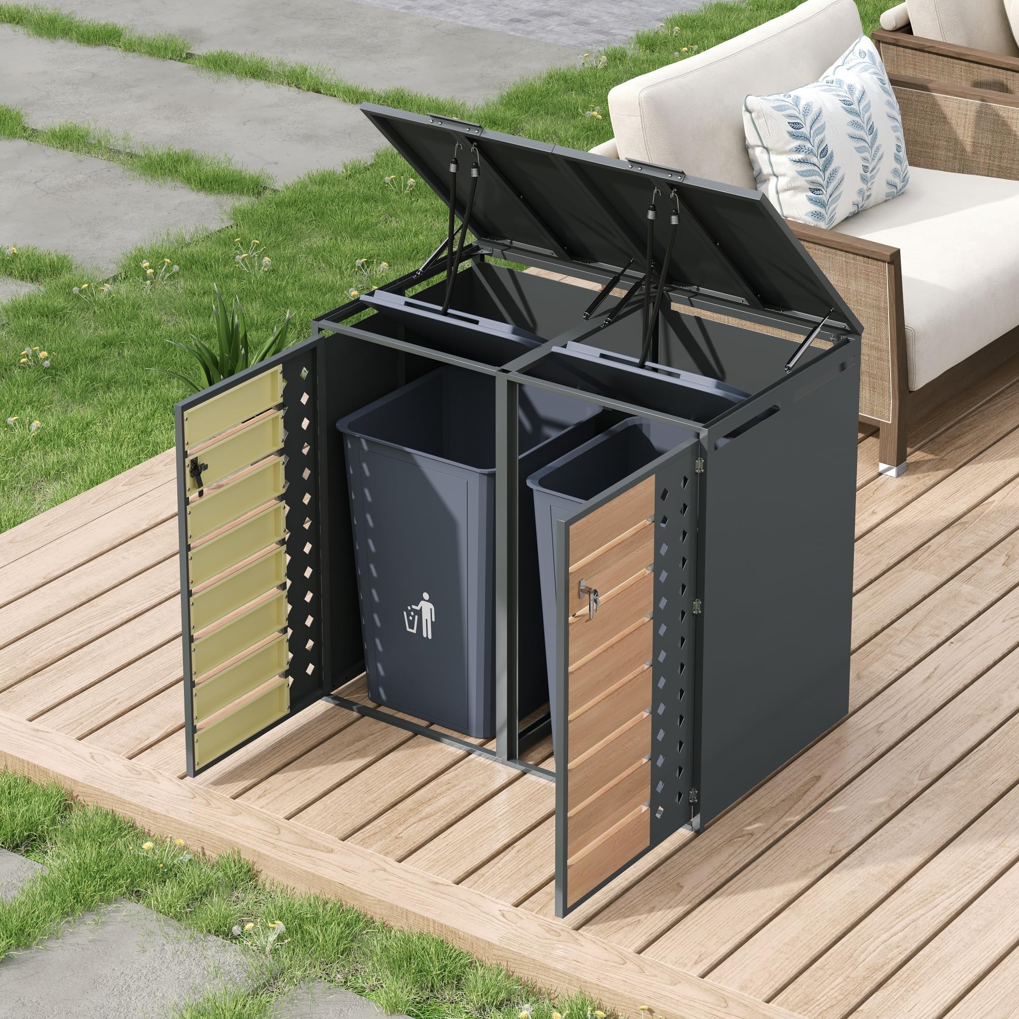 Box per bidoni della spazzatura, 2 pezzi, con effetto legno, strisce trasparenti e coperchio ribaltabile, fino a 240 l, richiudibile, in acciaio zincato, foro diamantato, scatola della spazzatura da