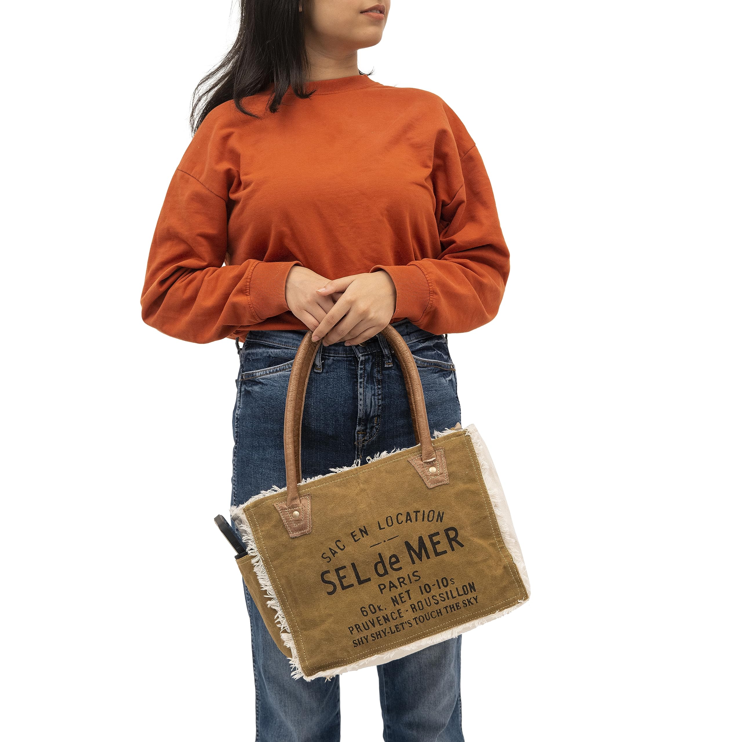 Shy Shy Bags Sel De Mer Upcycled Canvas & Cowhide Hand Tote Bag - Radiant Leather (Khaki)
