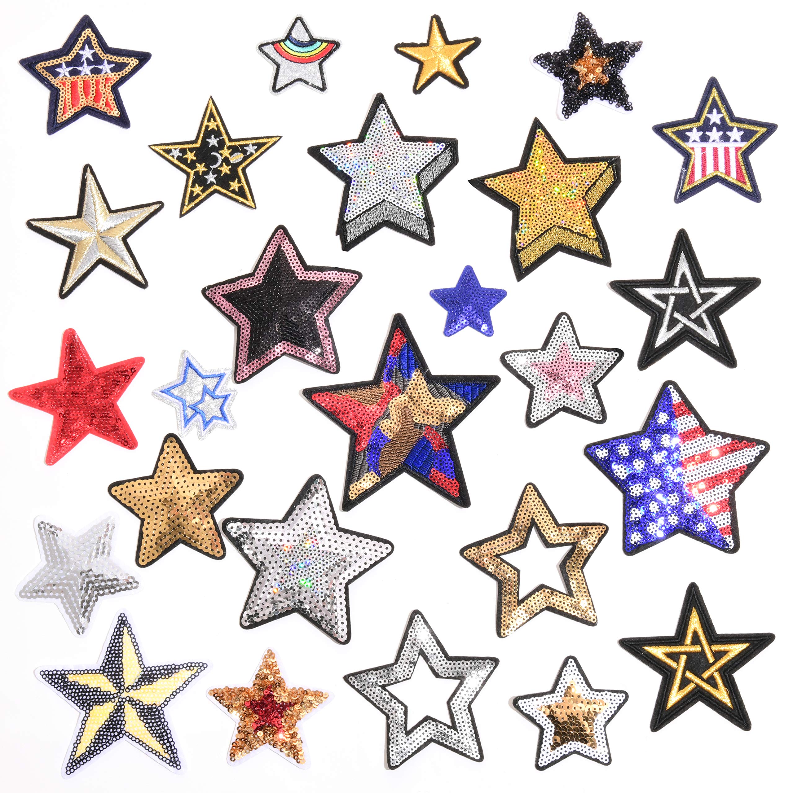 26 Pcs Iron on Sequined Star Patches, Star Applique Patches, Sew on Star Appliques with Embroidered Patch, Decorative Repair Patches for Clothing, Shirts, Shoes, Jeans, Hats (Star)