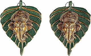 Charmy Crafts Small Metal Ganesha On Leaf, Wall Hanging, Room Decor, Best Housewarming, Gifts Article for Wall Decor Set of 2(Sunny Golden Finish) (Dark Green)