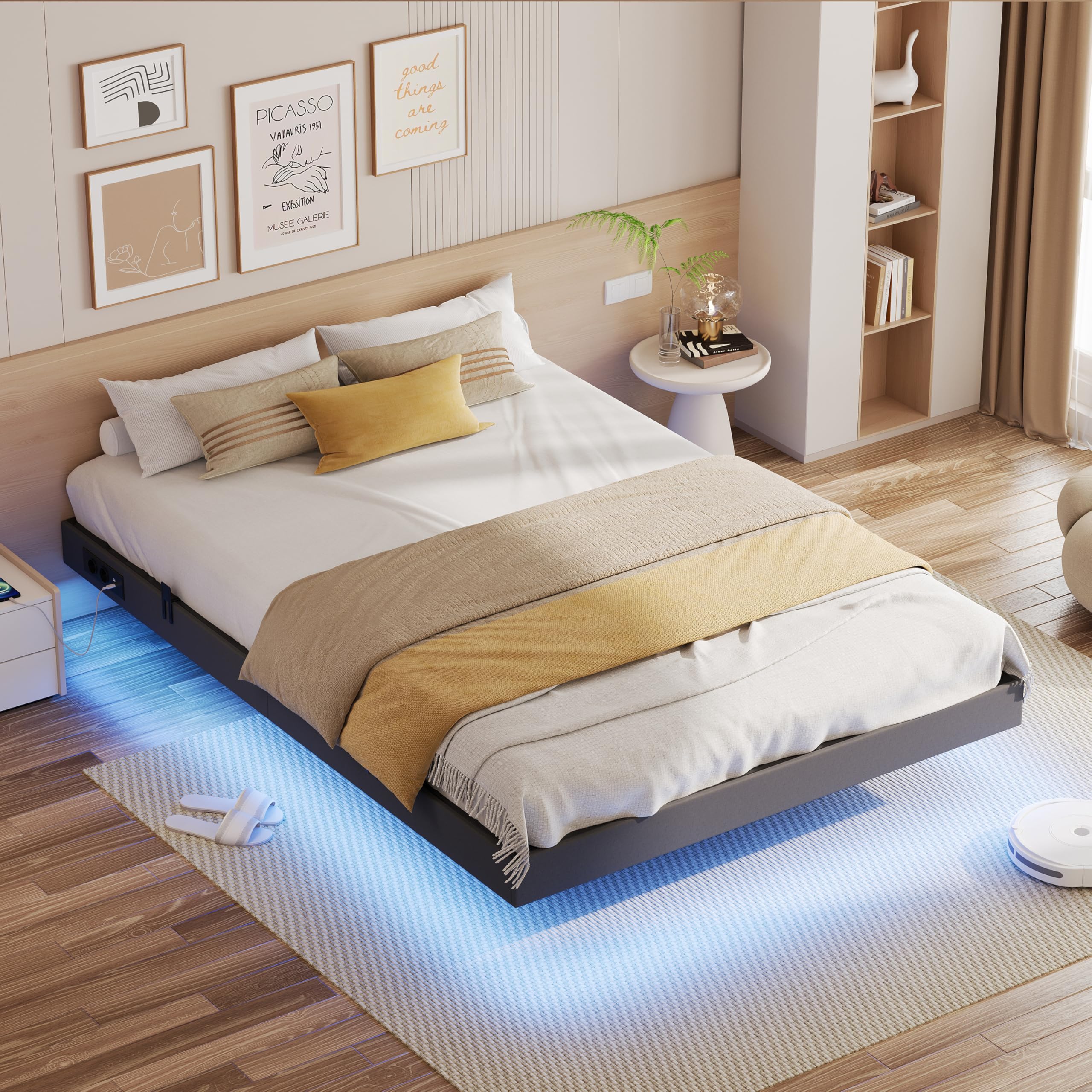 IRONCK Bettgestell 140x200 cm, Schwebender Bett mit LED Beleuchtung, Gepolsterte Seitenwände, 2 AC-Steckdosen, 2 USB-A-Anschluss, 1 USB-C-Anschluss, Metallbett mit Lattenrost Doppelbett, Grau