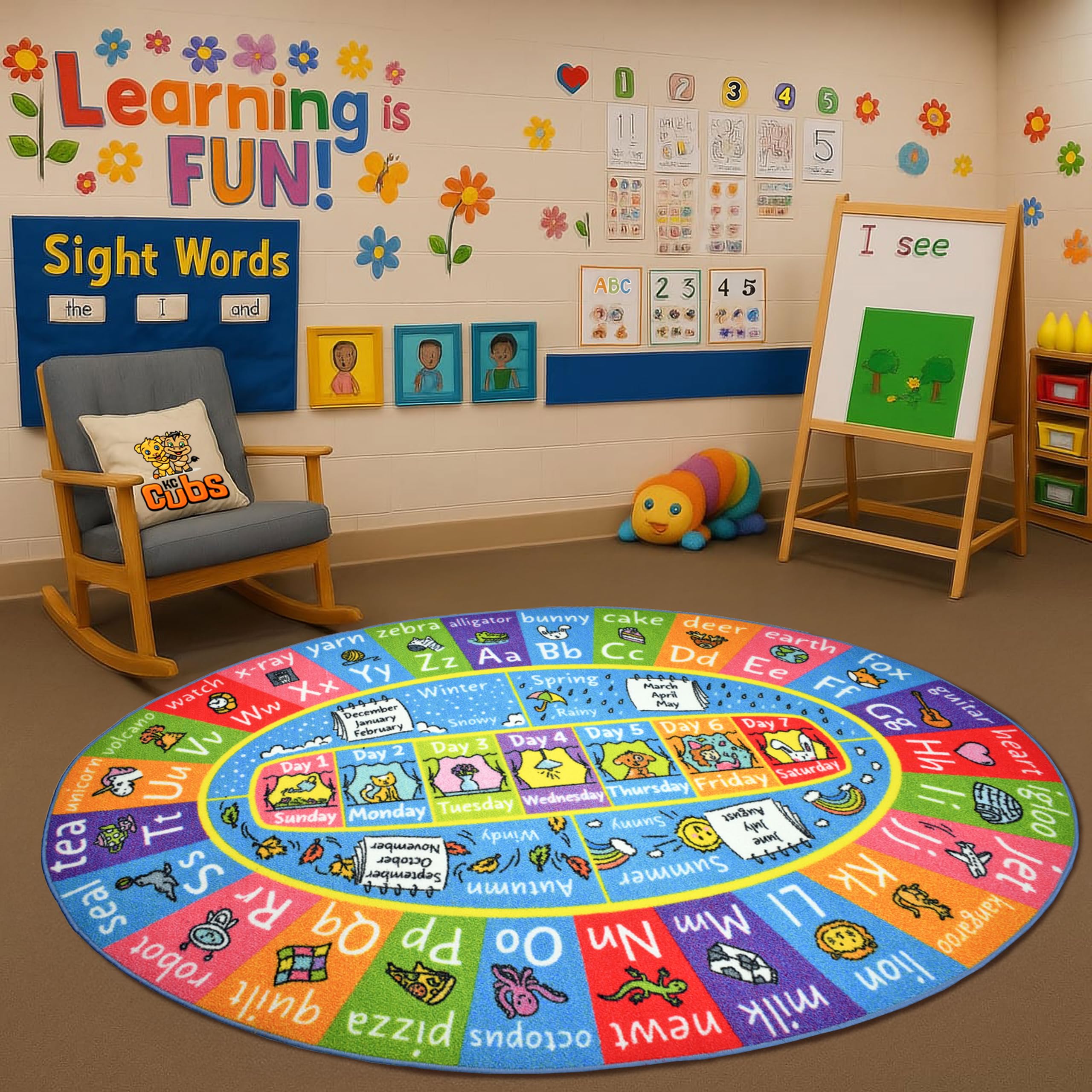 KC Cubs Playtime Collection ABC Alphabet, Seasons, Months and Days of The Week Educational Learning & Game Oval Area Rug Carpet for Kids and Children Bedrooms and Playroom