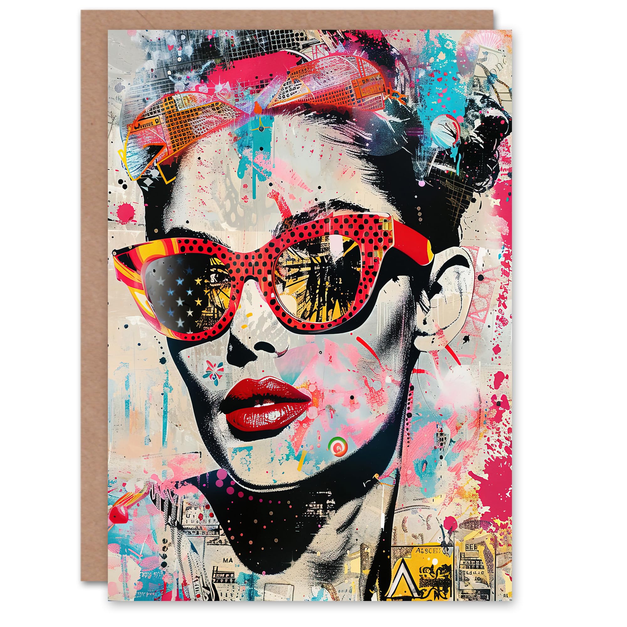Artery8 Greeting Card Vintage Lady Sunglasses Portrait Street Pop Art Blank For Him Or Her Art Birthday Card