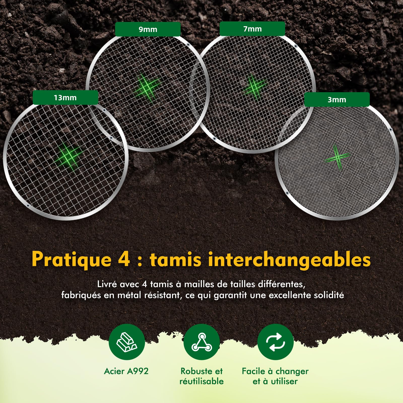 Rotierendes Sieb, manuell, für Garten, Kompostsieb, 33 cm (13 Zoll), mit 4 austauschbaren Sieben (3/6/9/12 mm), modernes Gartenbausieb