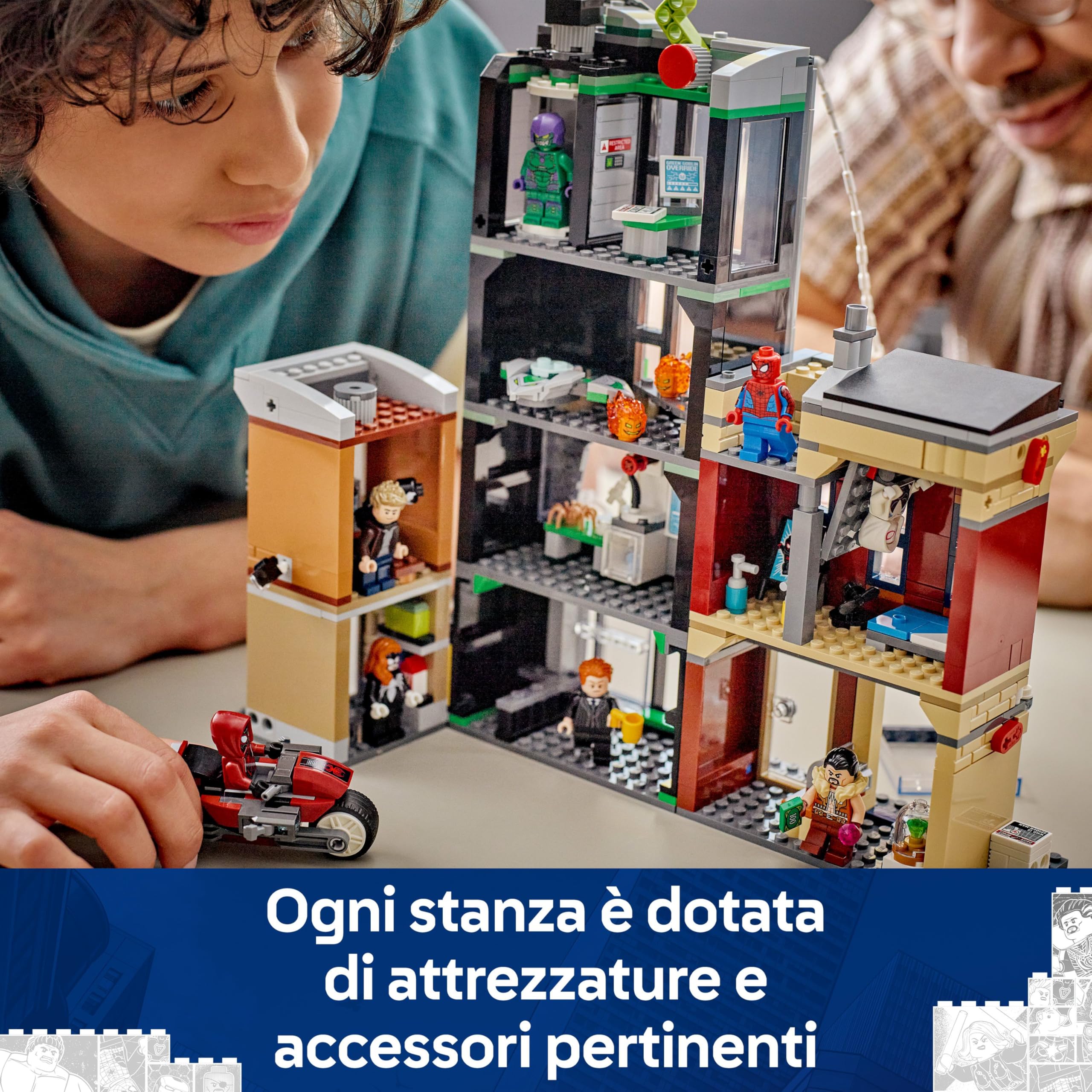 LEGO ǀ Marvel Spider-Man Contro Oscorp - Giocattolo Interattivo con Moto, 8 Minifigure tra cui Miles Morales e Green Goblin - Regalo da Collezione da Supereroi per Bambini e Fan da 10 Anni - 76324