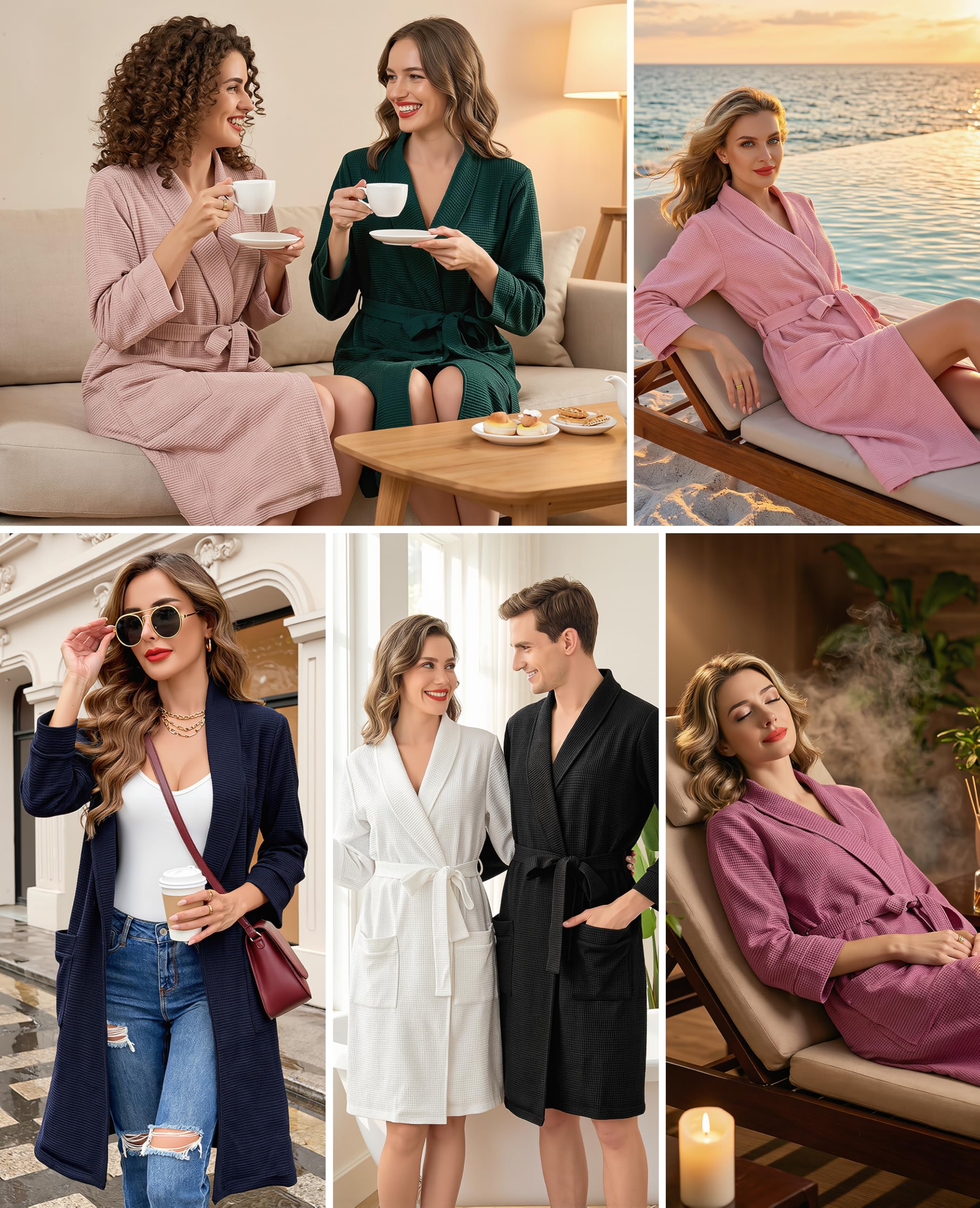 Vlazom Peignoir Court Femme en Coton Waffle Robe de Chambre avec Poches et Ceinture Confortable et Léger