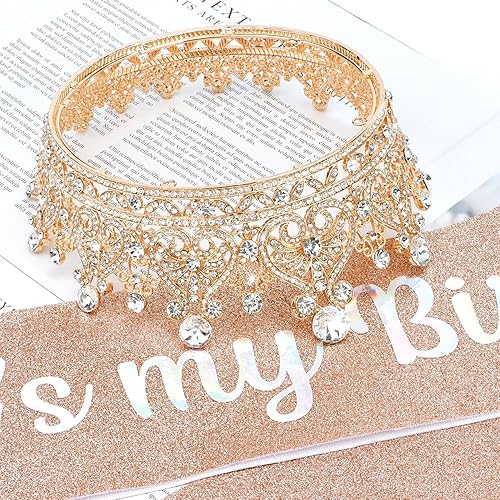 Miniatura 5 de Aprince Corona y banda de cumpleaños para mujer, corona de cumpleaños de oro rosa, banda y tiara para mujer, corona de pastel para mujer, accesorios