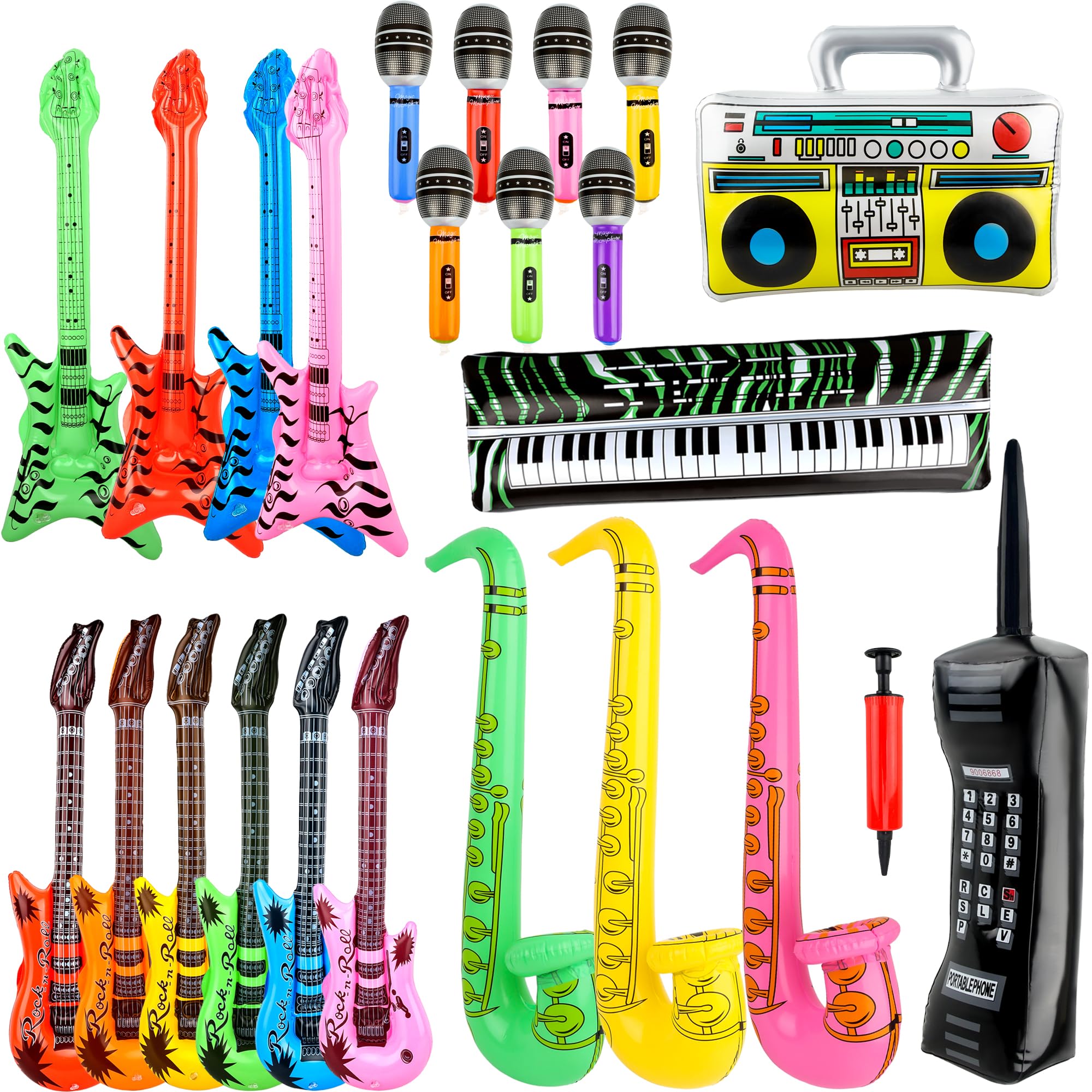 24 Pack Inflatable Rock Star Toy Set 7 Inflatable Microphones 6 Guitars 3 Saxophone 4 Bass 1 Boom Box 1 Piano 1 Mobile Phone 1 Air Pump for Carnival Party Favors Rock and Roll Party Supplies