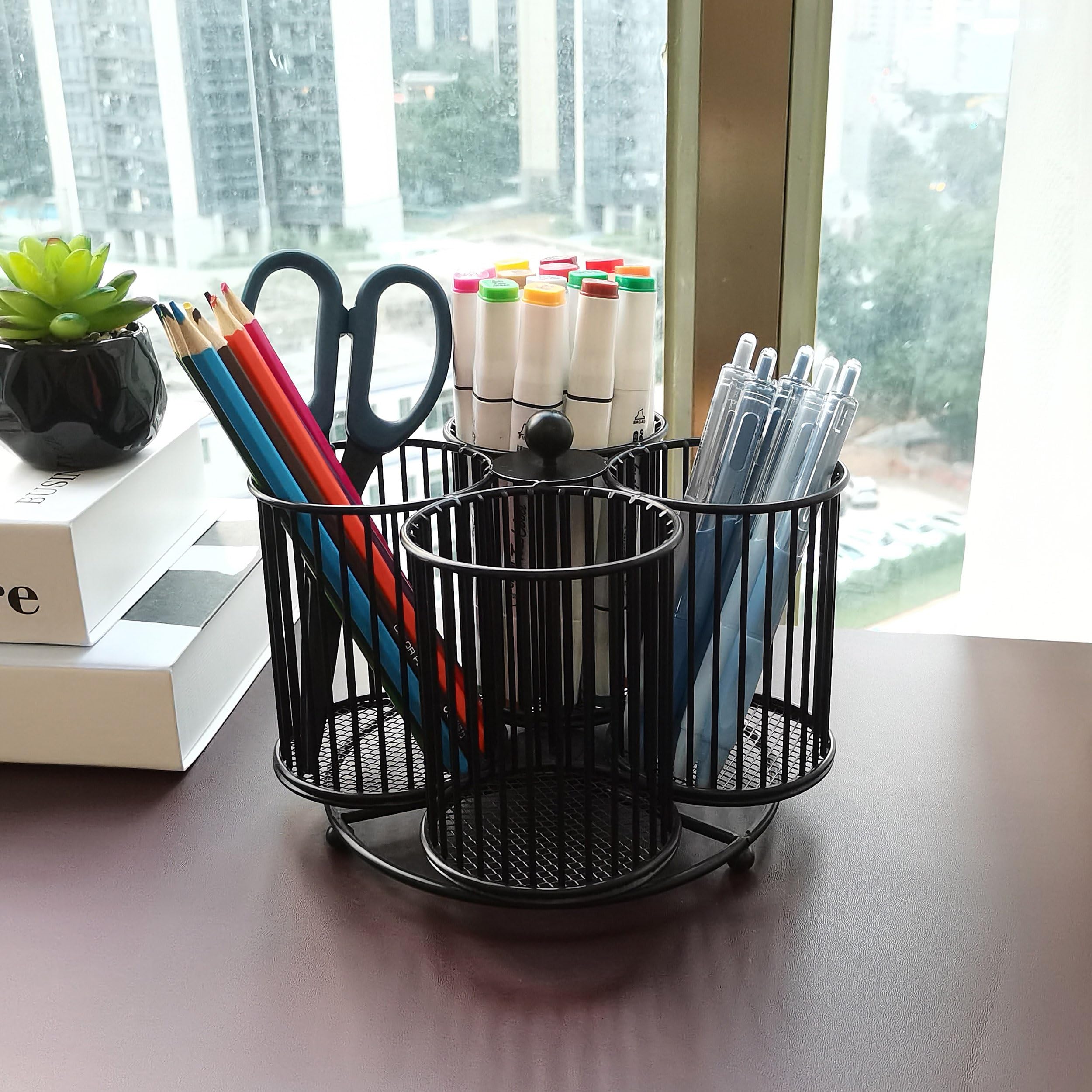 Schwarzer Stifthalter, um 360 Grad drehbarer Stifthalter für Schreibtisch-Organizer, starkes Metall, 4 Tassen, großes Fassungsvermögen, Schreibtisch-Organizer für Büro, Schule, Zuhause,