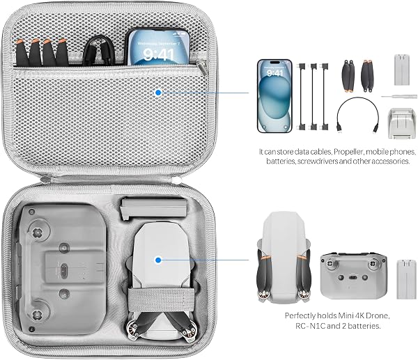 FPVtosky Custodia rigida per drone DJI Mini 2 SE/Mini 4K, custodia compatta con 2 joystick, 1 supporti per elica e 1 protezione per joystick, Grigio, Da viaggio - 3
