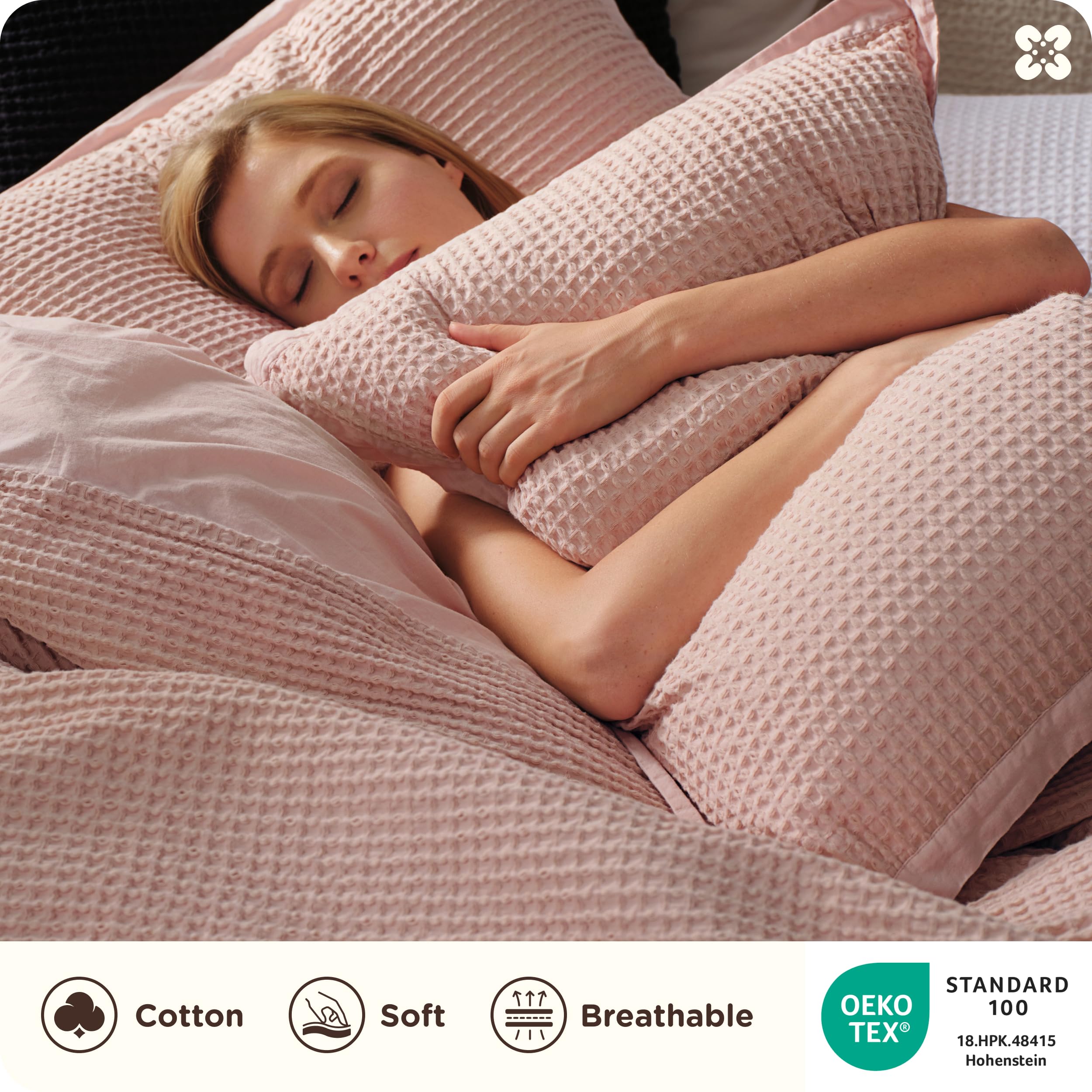 Bedsure GentleSoft™ - Funda de edredón de algodón 100 % algodón tejido gofre, color rosa, tamaño Queen, juego de ropa de cama transpirable para todas las estaciones, 3 piezas, 90 x 90 pulgadas