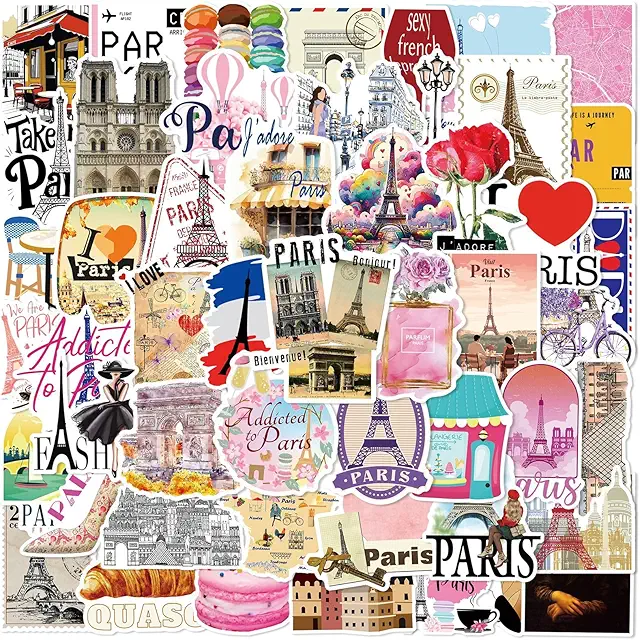 Lot de 50 autocollants Paris uniques pour Kindle, scrapbooking et objets personnels