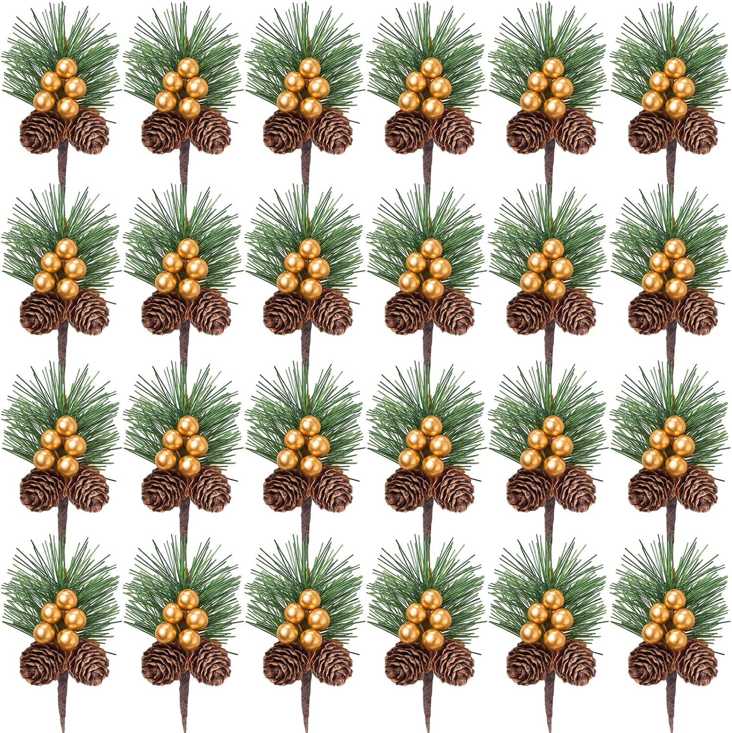 WILLBOND 24 Pieces Christmas Floral Picks, Artificial Pine Picks Christmas Pine Needles Branches with Berry Pinecones Fake Berries for Flower Arrangements Wreaths Xmas Tree Decoration(Gold)