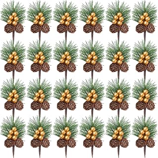 WILLBOND 24 Pieces Christmas Floral Picks, Artificial Pine Picks Christmas Pine Needles Branches with Berry Pinecones Fake Berries for Flower Arrangements Wreaths Xmas Tree Decoration(Gold)