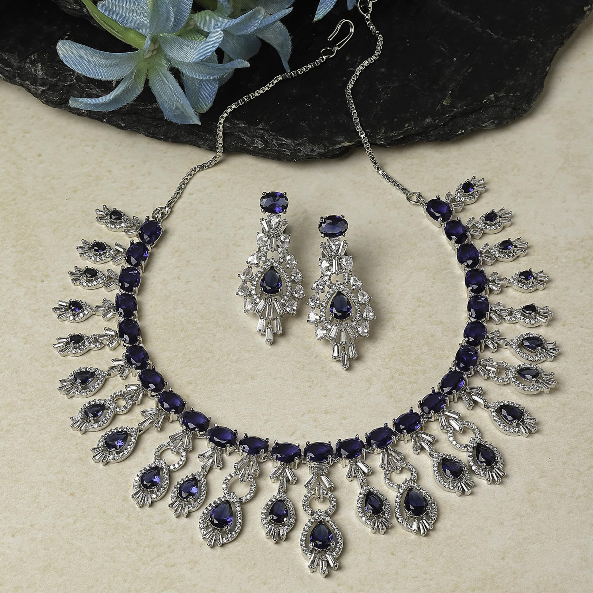 Rhodium-Plated American Diamond Studded Necklace Set