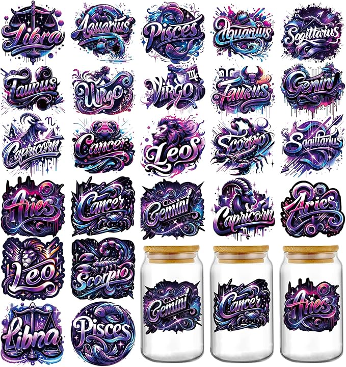Zodiac UV DTF Stickers - 24 Sheets Purple Leo Sagittarius UV DTF Cup Wraps for 16 oz Glass Water Bottle, Libra Taurus Waterproof Transfer Sticker Decals DIY Tumbler Coffee Mug Craft Decoration