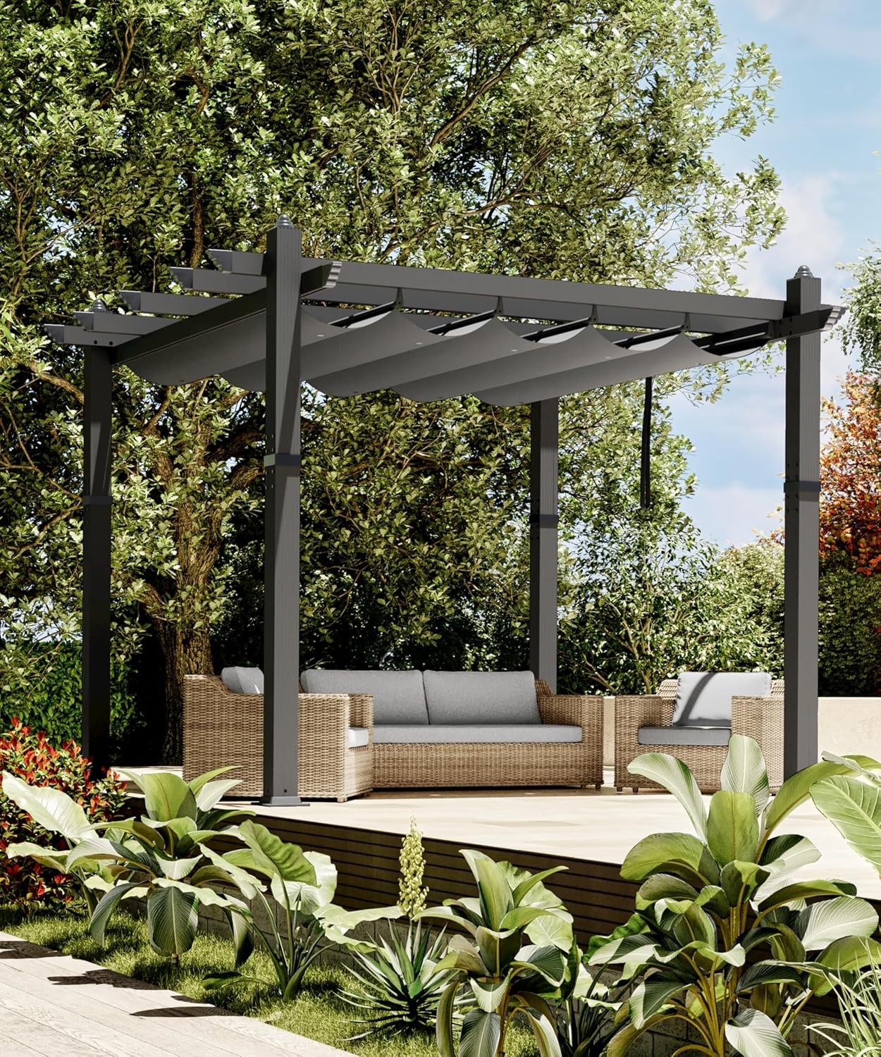 GarveeLife 10x10 Ft Aluminum Pergola, Outdoor Pergola with Adjustable Canopy, Reinforced Frame Metal Pergola for Backyard, Garden and Deck - Gray Gray 10x10 Ft
