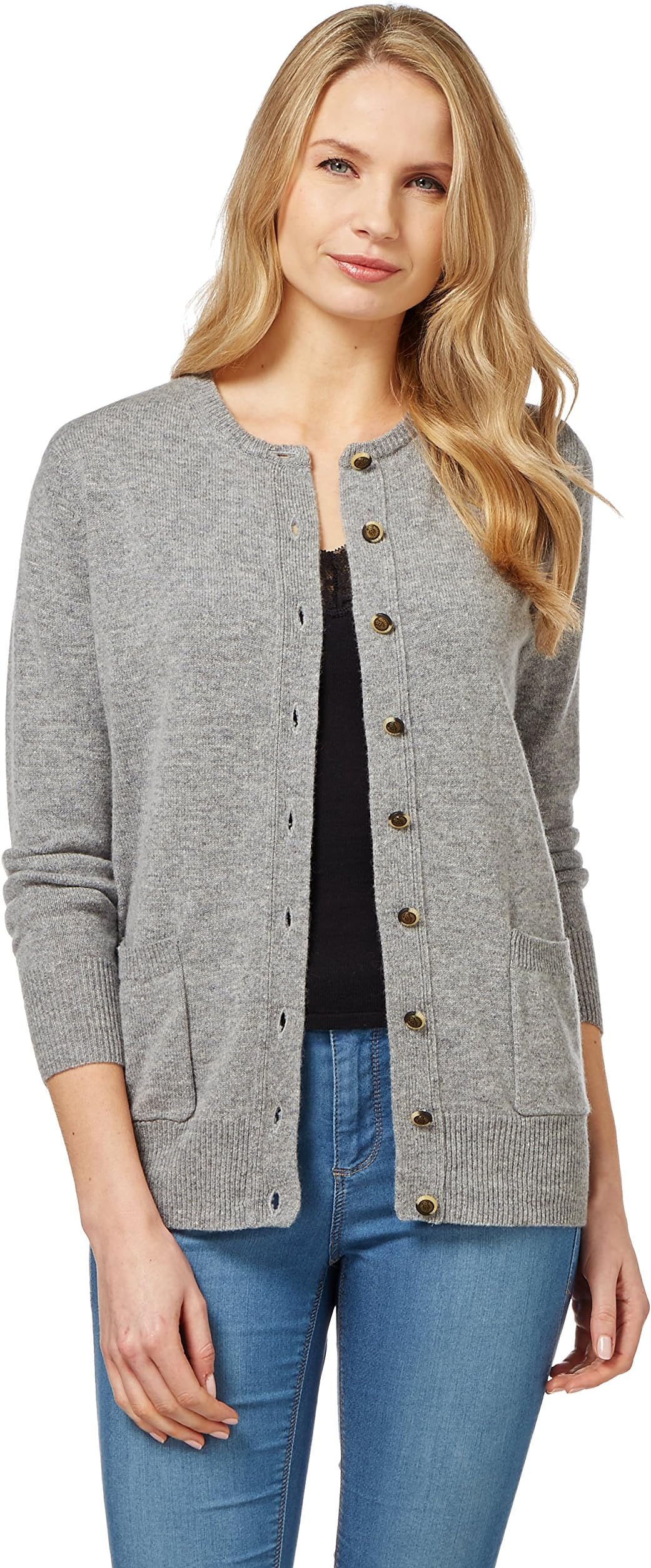 Woolovers Womens Lambswool Crew Neck Knitted Cardigan Flannel Grey, M