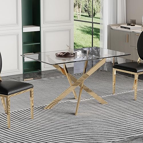 Miniatura 13 de SSLine Mesa de comedor redonda para 2-4, mesa de comedor de cristal transparente de lujo con base de pedestal plateada de 36 pulgadas, mesa