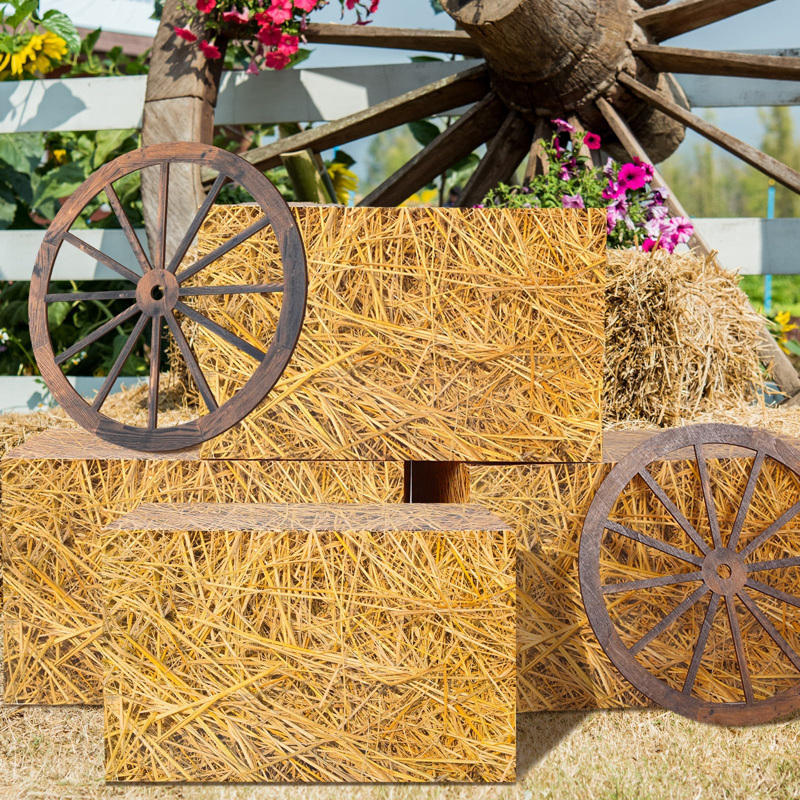 Outus 8 decorazioni per feste da cowboy includono 2 ruote rustiche in legno per carro 6 balle di fieno in paglia di grano, decorazioni occidentali per feste per foto puntelli compleanno autunno