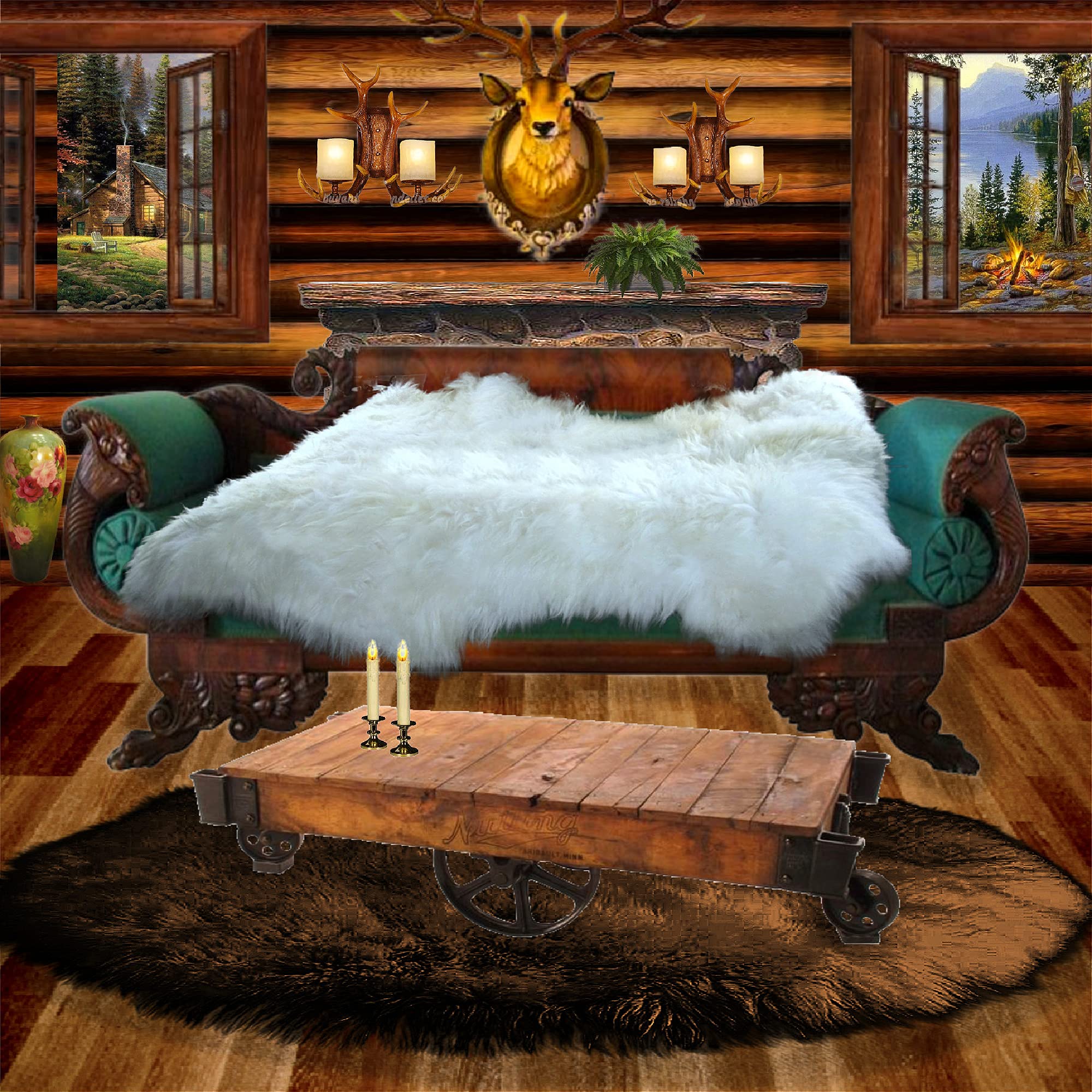 Sheepskin Area Rug, White, Shaggy Faux Fur, Random Shape, Pelt, Designer Original (4'x6')