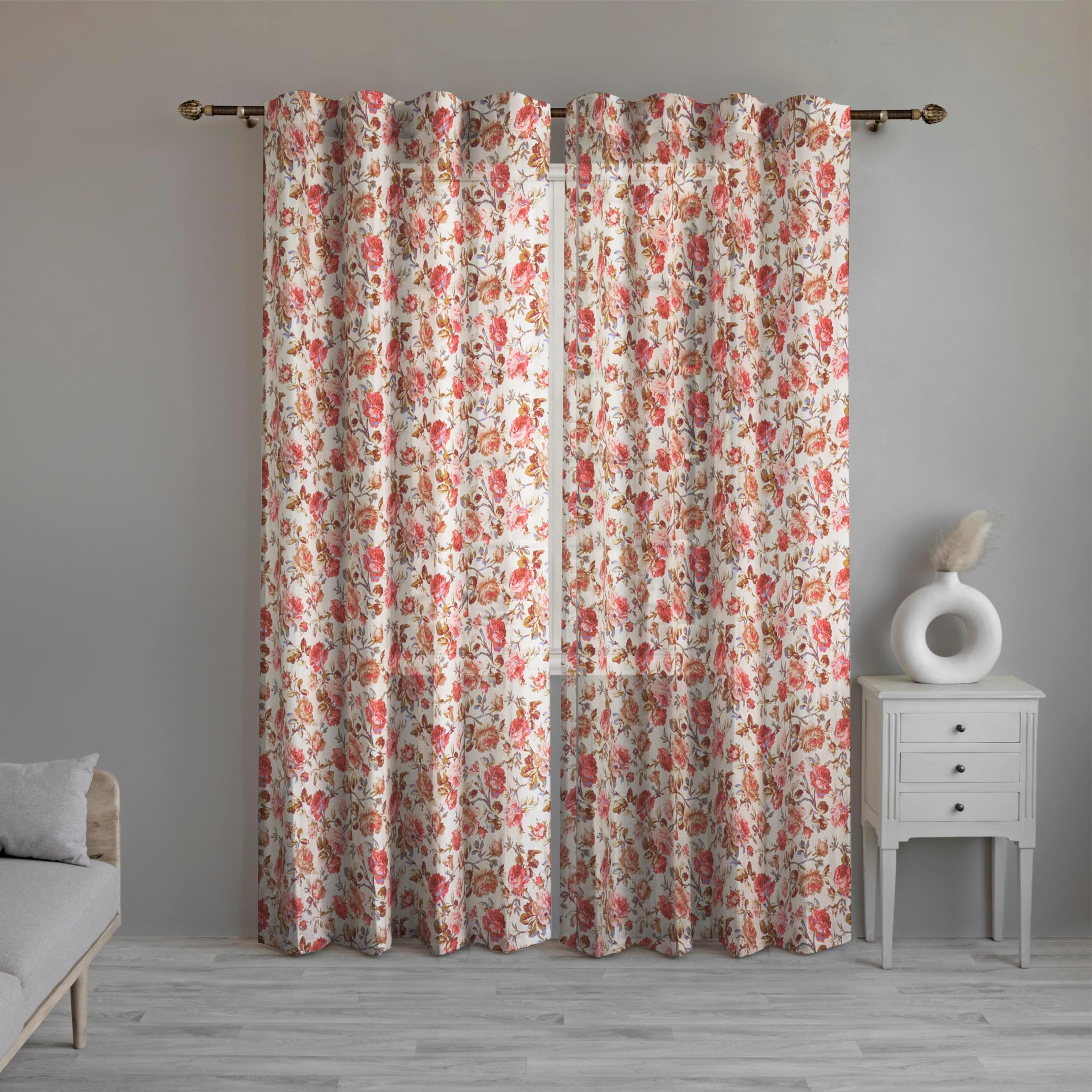 LINENWALASCotton Linen Sheer Curtains 108 inch Length, Rod Pocket With Back Loops Top, Light Filtering Sheer Printed Drapes Pack of 2, Treatment for Bedroom Living Room (L-108 x W-52 / Tulip)