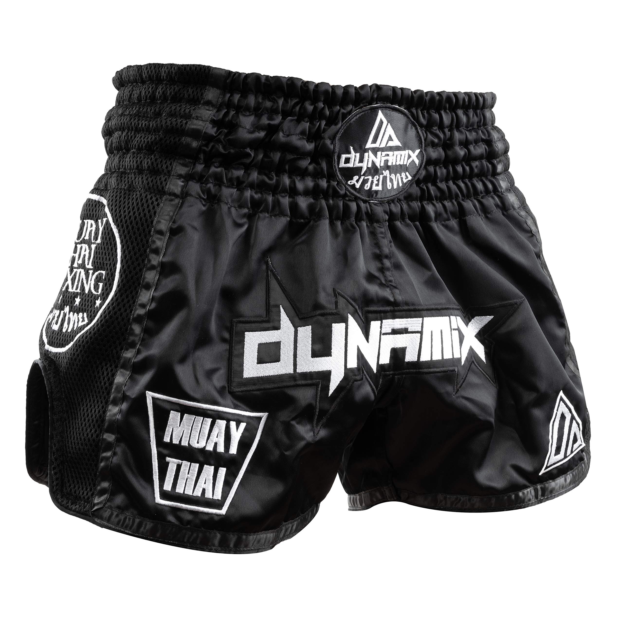 Muay Thai Shorts Warpath - Schwarz - Premium Thai Short für Thaiboxen traditionelle Thaiboxhose für Herren mit Air-Tech-Gewebe und einzigartigen Muay Thai Stickereien