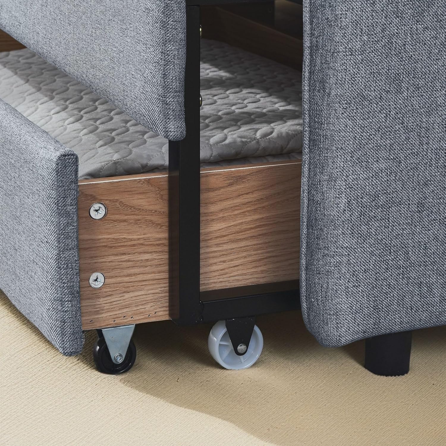 Twin Size Upholstery Daybed with Trundle Bed and Two Storage Drawers, Flat Arms with Pocket, Extendable Linen Daybed, for Living Room, Bedroom, Dorm, Grey