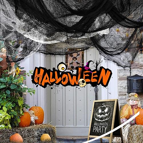 Miniatura 8 de Tela espeluznante, 6 piezas de 30 x 72 pulgadas, decoración de gasa espeluznante negra espeluznante, decoración de Halloween para fiestas, Negro